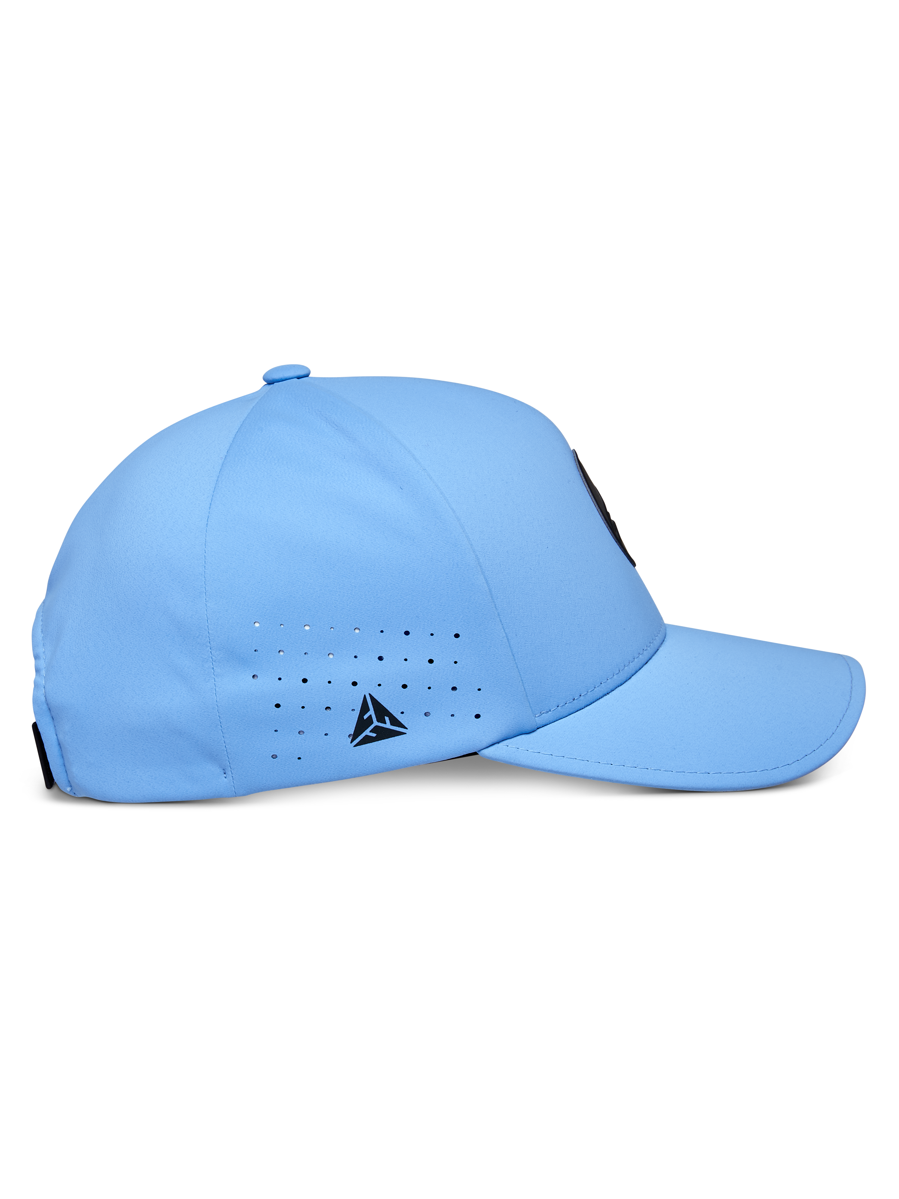Casquette Alpinestars Apex, bleu, casquette de baseball technique, profil latéral présentant une visière courbée et une couronne structurée, perforations de ventilation découpées au laser avec un petit logo triangulaire noir, tissu moderne évacuant l'humidité