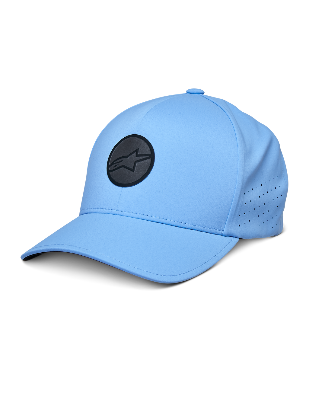Casquette Alpinestars Apex, casquette de baseball bleue, dotée d'un logo circulaire noir, panneaux latéraux perforés pour la ventilation, visière courbée, vêtement de sport de performance