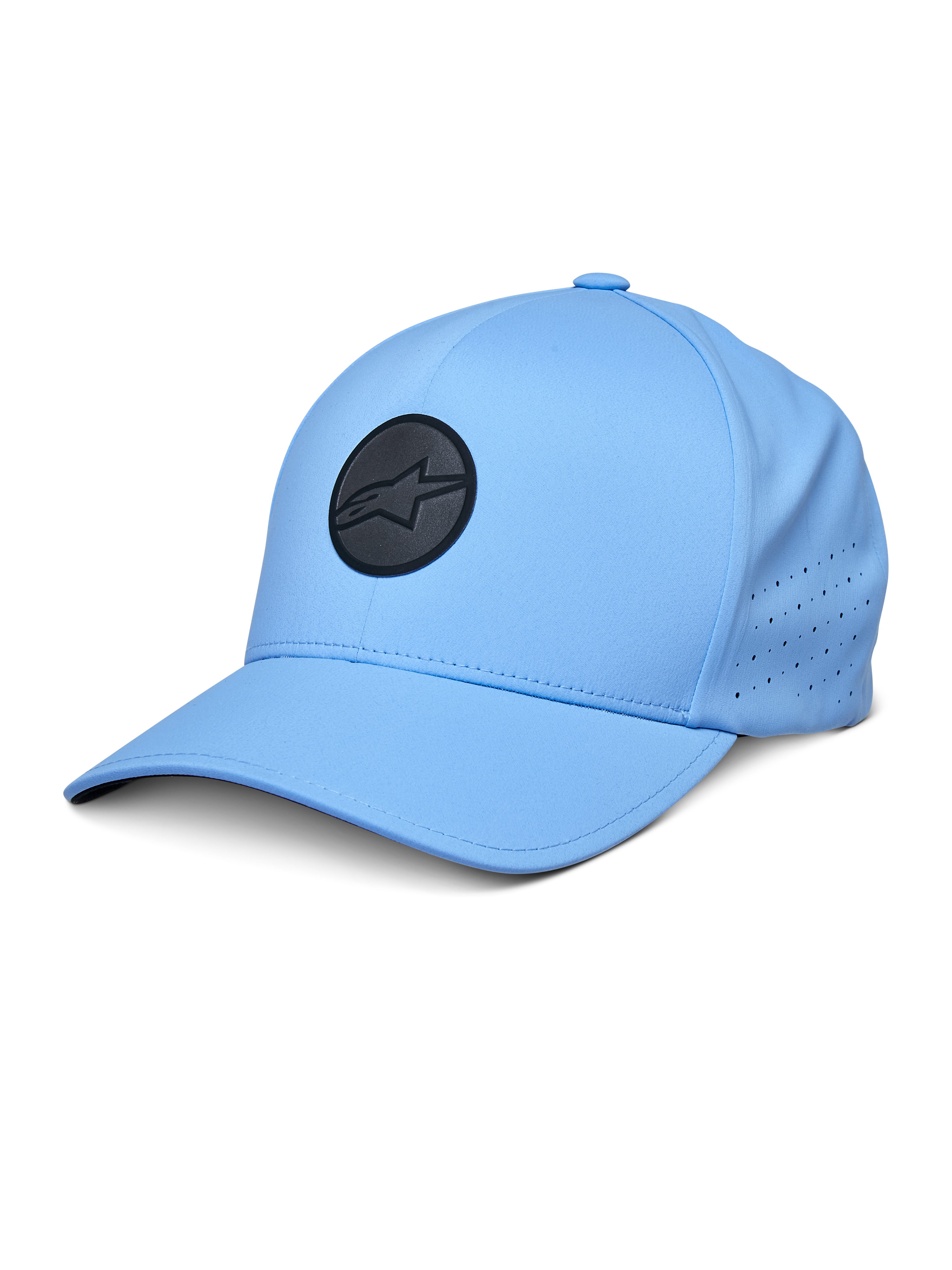 Casquette Alpinestars Apex, casquette de baseball bleue, dotée d'un logo circulaire noir, panneaux latéraux perforés pour la ventilation, visière courbée, vêtement de sport de performance