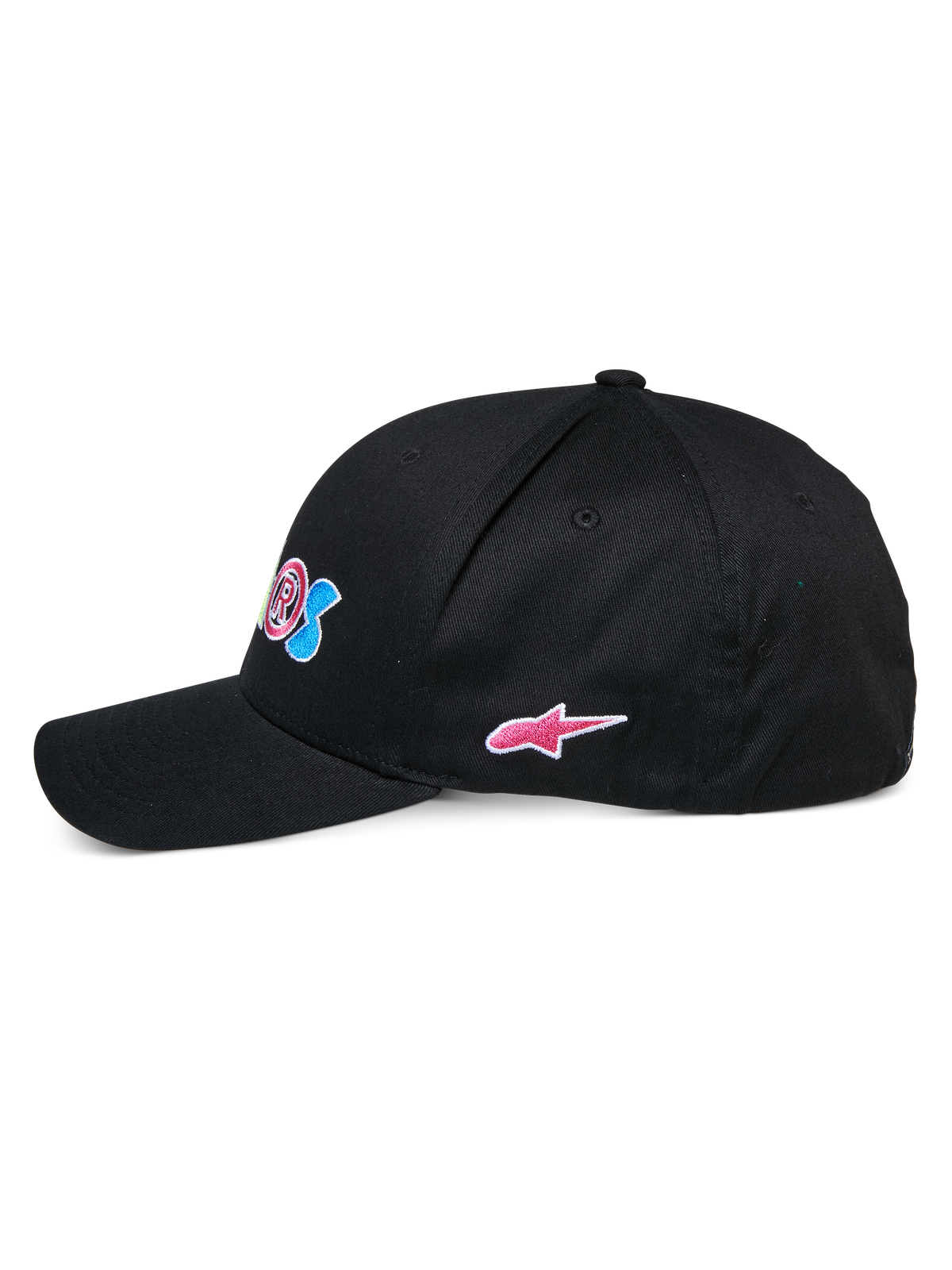 Casquette Cereal Alpinestars, casquette de baseball noire, vue de profil, visière courbée avec couronne structurée, avec broderie colorée à l'avant et logo étoile Alpinestars rose sur le côté, accessoire sportswear décontracté