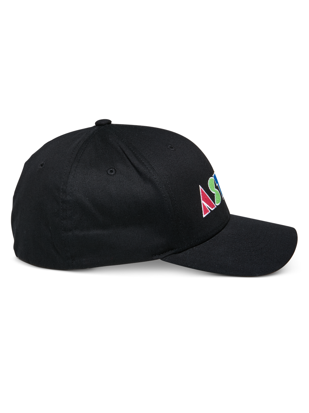 Alpinestars Cereal Hat, Black structured baseball cap, side profile view, colorful flat embroidery logo on the side with geometric letters, curved bill, casual sportswear design.