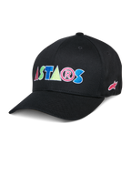 Alpinestars Cereal Hat, Black Baseball Cap, featuring colorful ASTARS embroidered letters, red, blue, pink, and green lettering, curved brim, casual lifestyle headwear