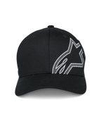 Alpinestars Share Hat, Baseball Cap, Black, featuring a large white HD puff print Astars logo outline on the side, curved bill, structured crown, casual motorsport-inspired sportswear