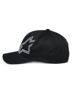 Alpinestars Share Hat, black baseball cap, side profile view, featuring a large white outlined Astars logo, curved bill, structured crown, casual motorsport-inspired headwear