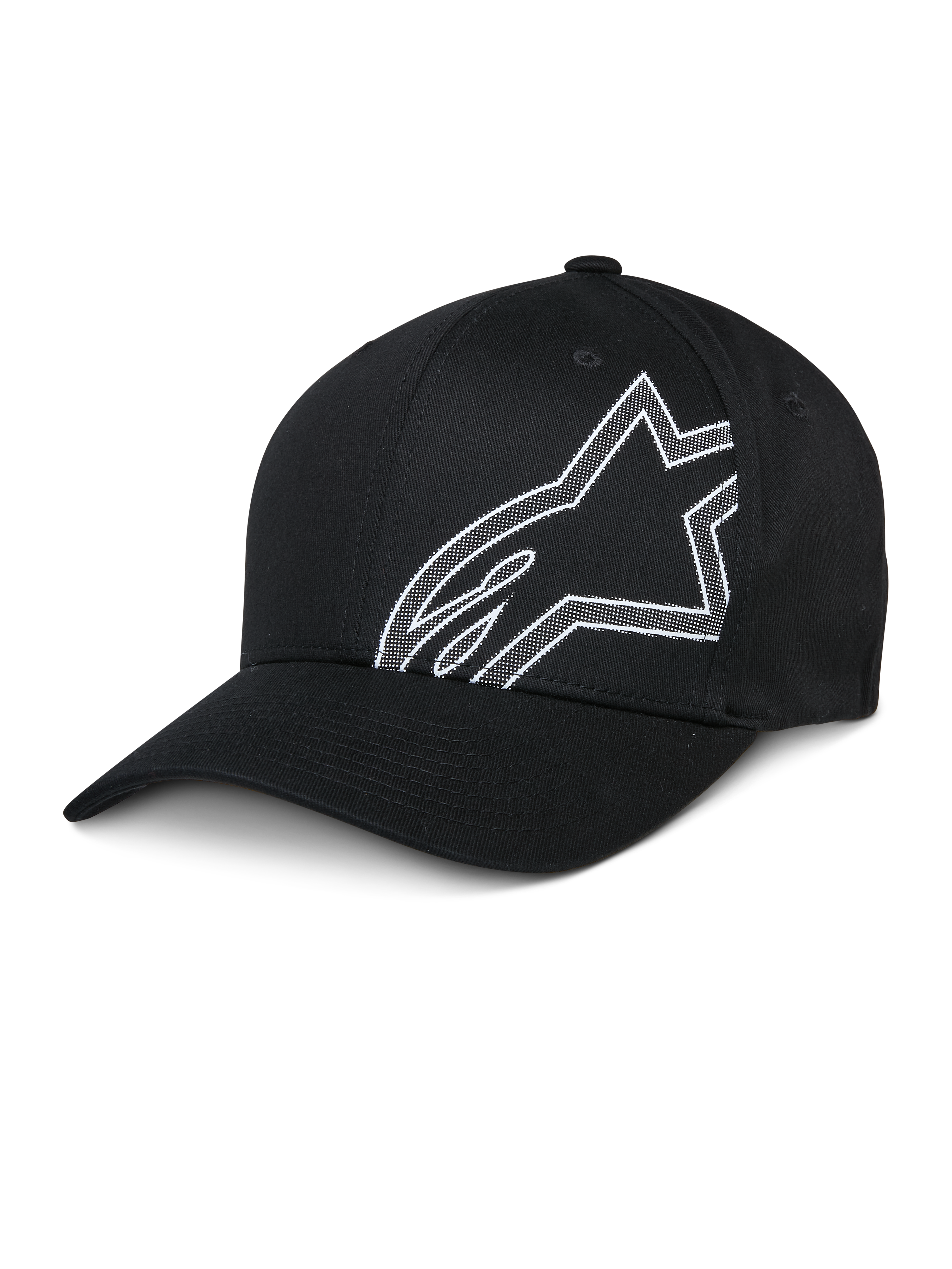 Alpinestars Share Hat, casquette de baseball noire, logo Astars aux contours blancs, visière incurvée, couronne structurée, sportswear décontracté