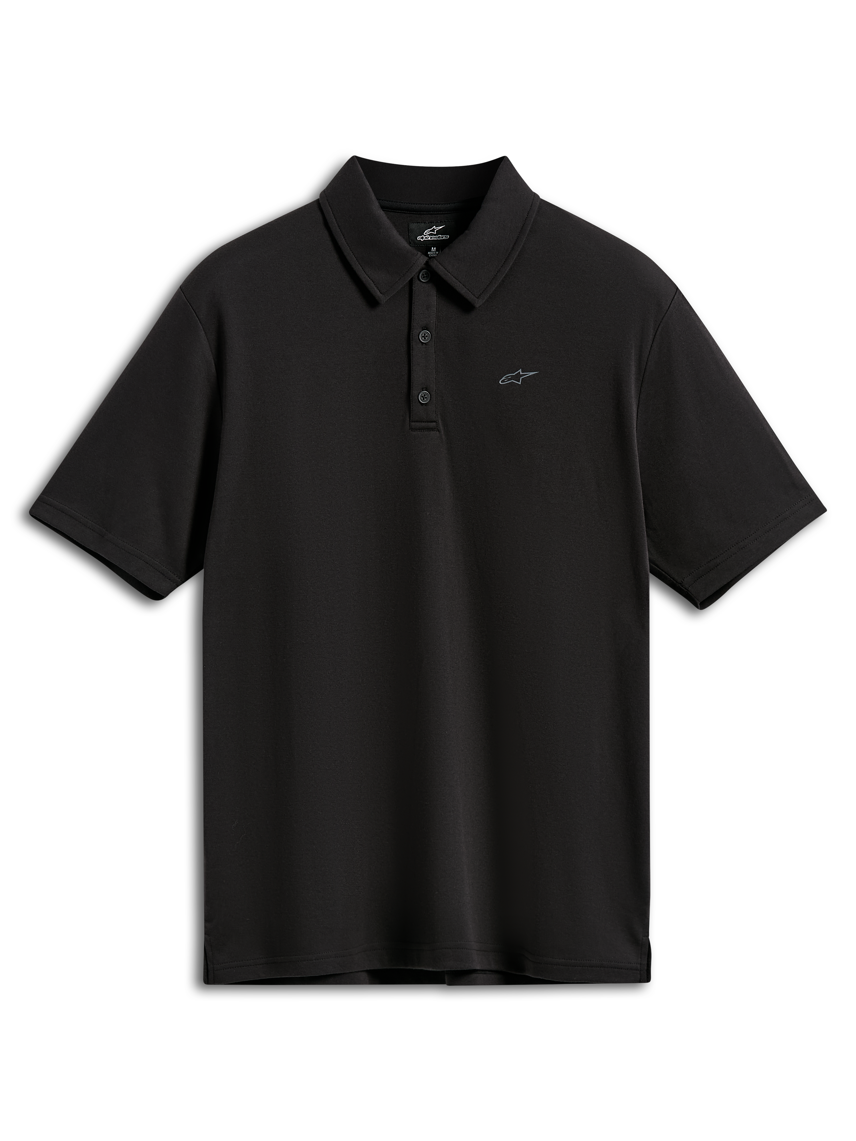 Alpinestars Impetus Sport Polo, Short Sleeve Polo Shirt, Black, featuring a small grey Astars logo on the chest, three-button placket and self collar, casual sportswear