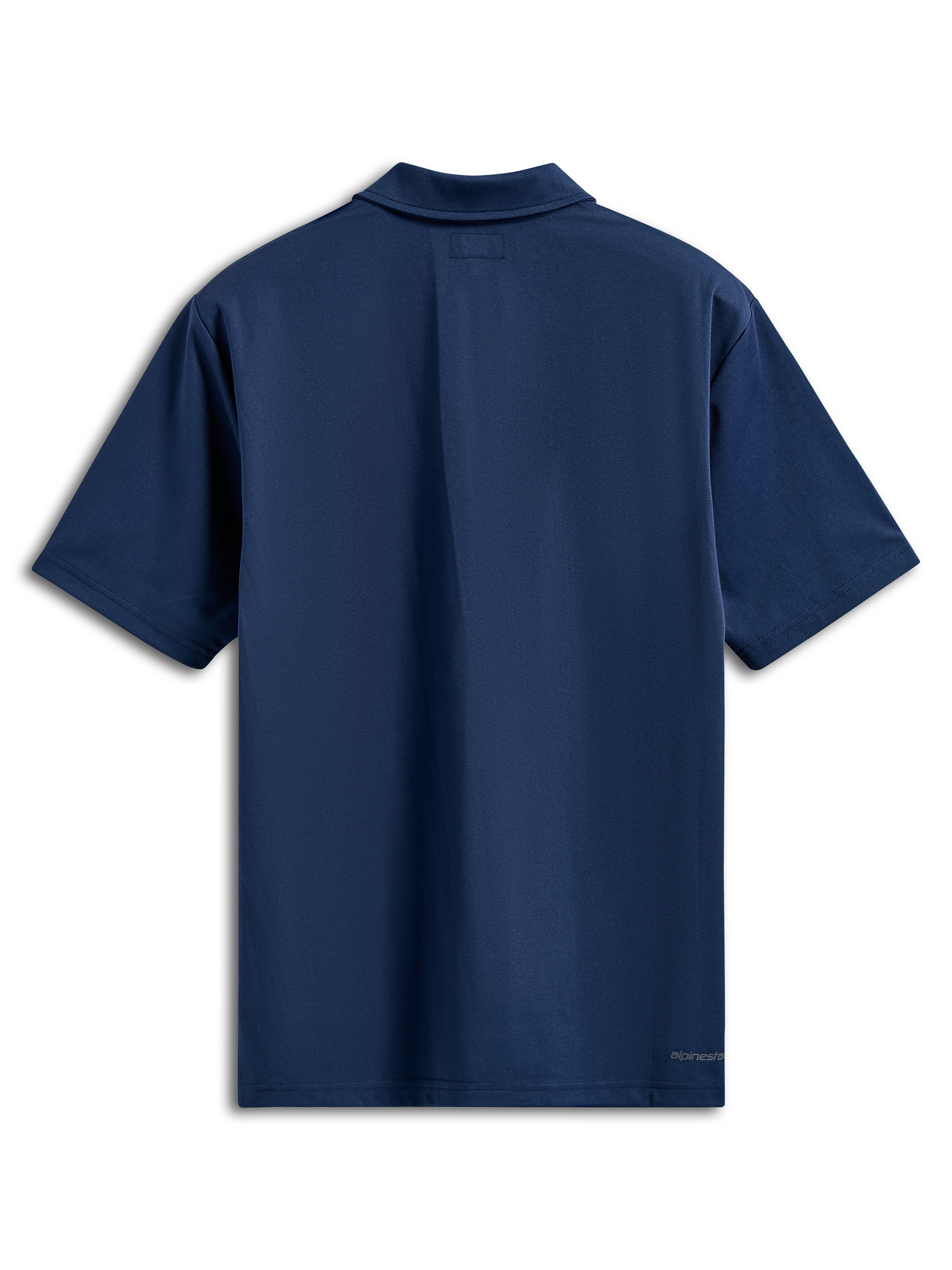 Alpinestars Impetus Sport Polo, Short Sleeve Polo Shirt, Navy Blue, back view featuring a self collar and small word logo on the bottom right hem, casual motorsport streetwear