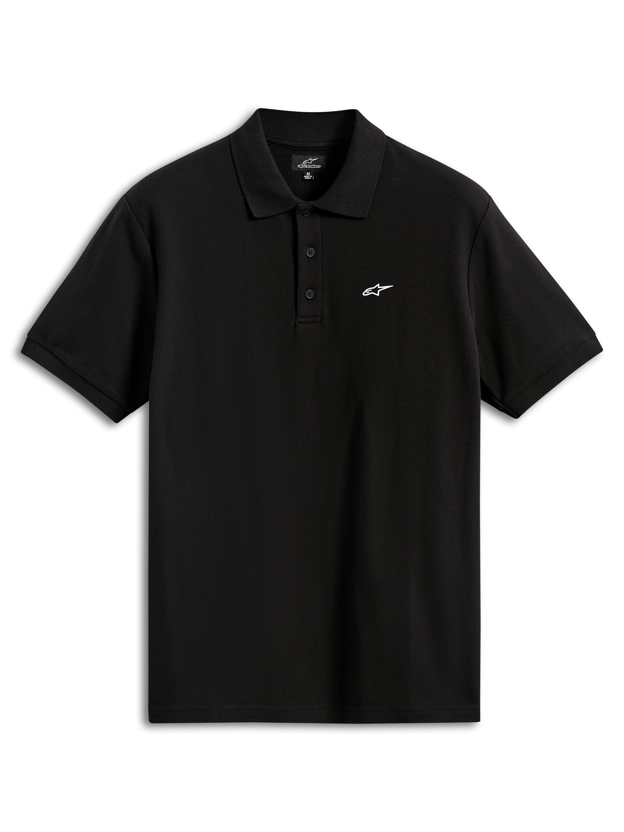 Polo Classique Endeavor Alpinestars, polo en maille piquée à manches courtes, noir, avec un petit logo Astars blanc sur la poitrine, patte de boutonnage à trois boutons, col et poignets en côtes, sportswear décontracté
