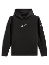 Alpinestars Insight Hoodie, Black pullover sweatshirt, white Astars logo on chest, kangaroo pocket, mesh-lined hood, casual motorsport-inspired streetwear