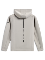 Sweat à capuche Insight Alpinestars, vue arrière du pull gris ciment, avec une bande noire verticale et le texte 'RACING AHEAD', petit logo Astars sur la manche, polaire double face tri-mélange lisse, streetwear décontracté au style sport automobile