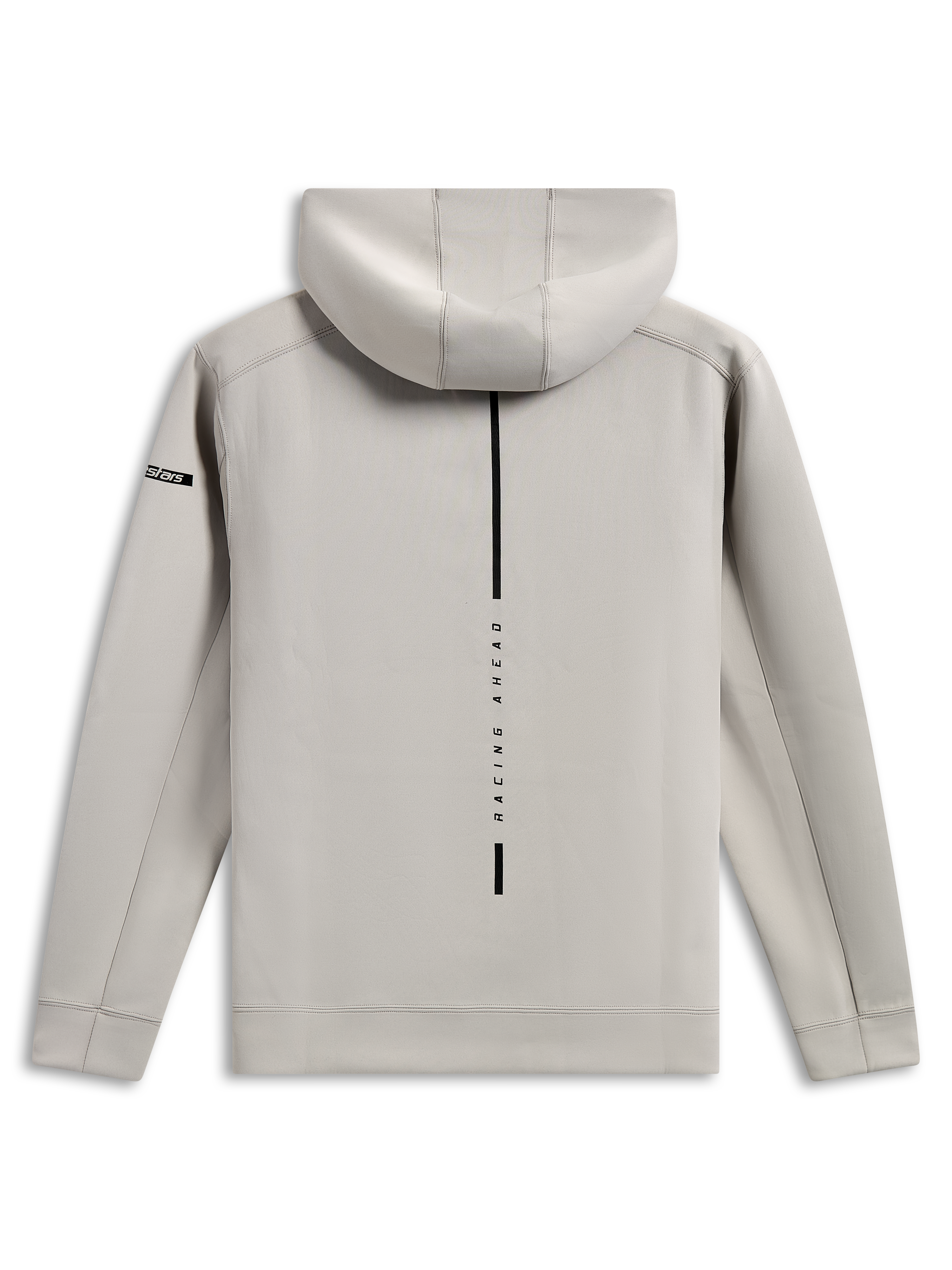Sweat à capuche Insight Alpinestars, vue arrière du pull gris ciment, avec une bande noire verticale et le texte 'RACING AHEAD', petit logo Astars sur la manche, polaire double face tri-mélange lisse, streetwear décontracté au style sport automobile