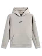 Sweat à capuche Alpinestars Insight, sportswear décontracté, gris ciment avec logo Astars noir sur la poitrine, poche kangourou, capuche doublée en mesh, manches longues, design moderne inspiré du sport automobile