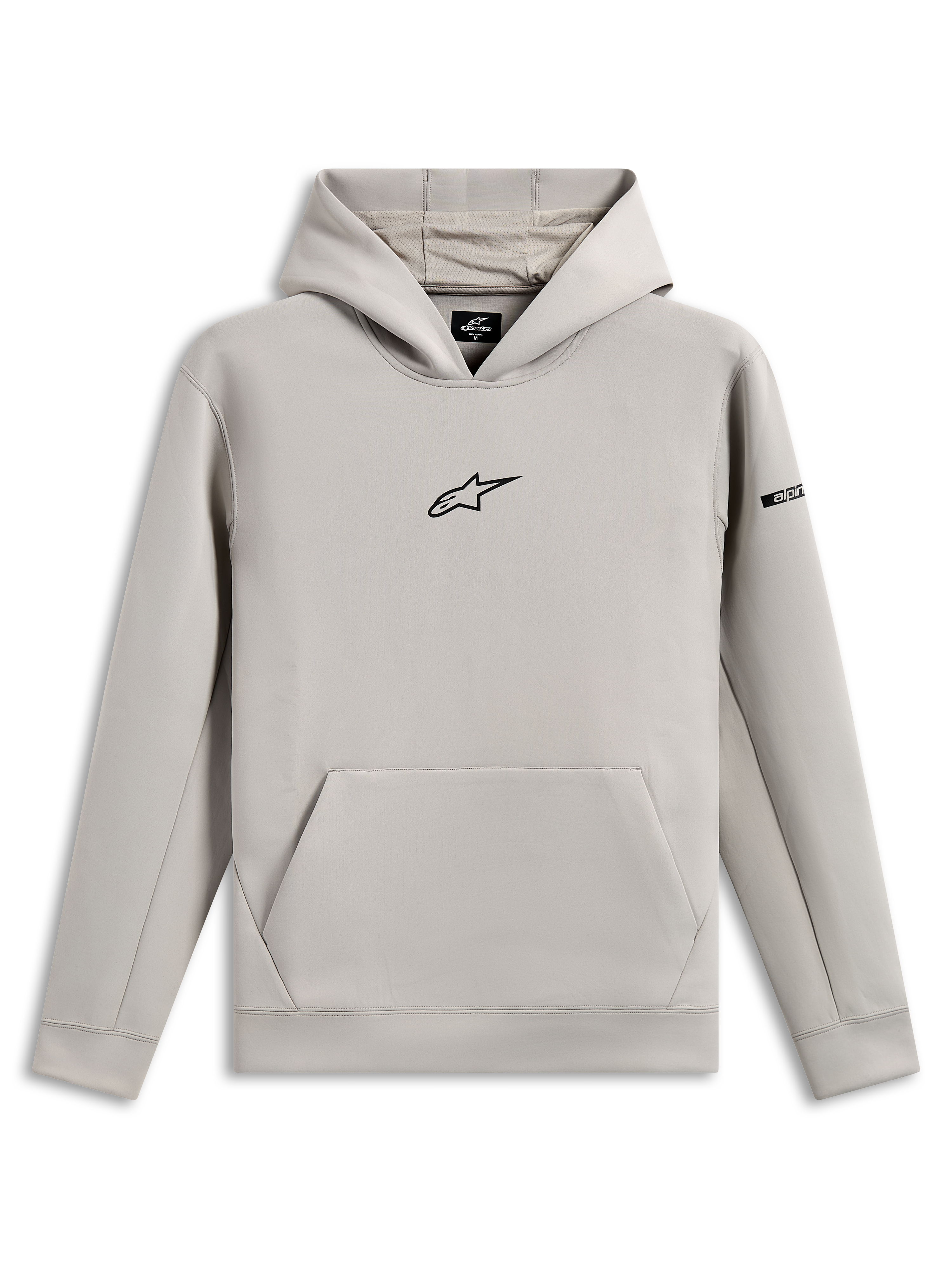 Sweat à capuche Alpinestars Insight, sportswear décontracté, gris ciment avec logo Astars noir sur la poitrine, poche kangourou, capuche doublée en mesh, manches longues, design moderne inspiré du sport automobile