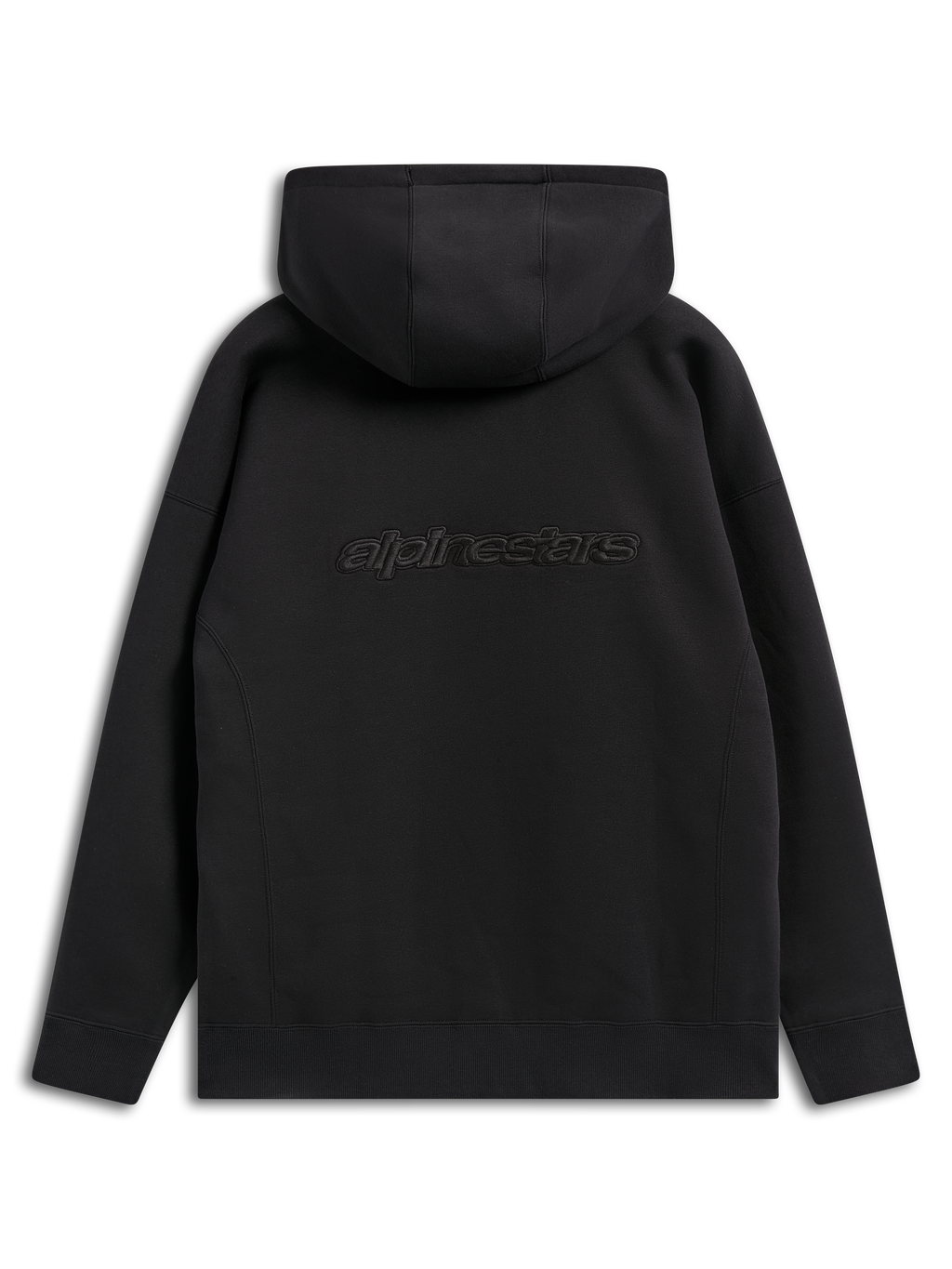 Sweat à capuche Alpinestars Emergent Oversized, vêtement streetwear décontracté noir, vue arrière montrant le logo Alpinestars brodé, coupe ample avec capuche et ourlet côtelé