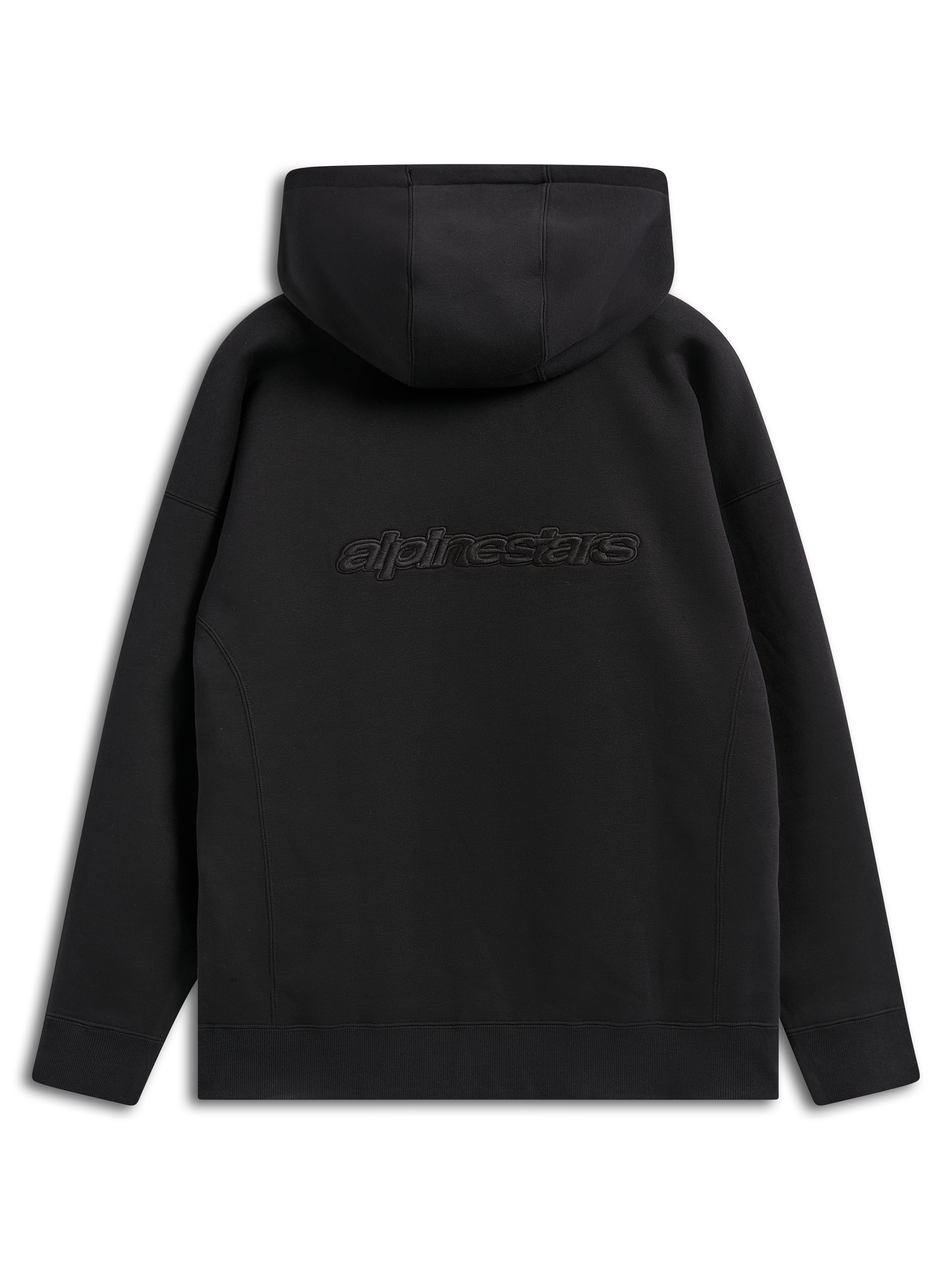 Alpinestars Emergent Oversized Hoodie, black casual streetwear, back view showing embroidered Alpinestars word logo, oversized fit with hooded design and ribbed hem
