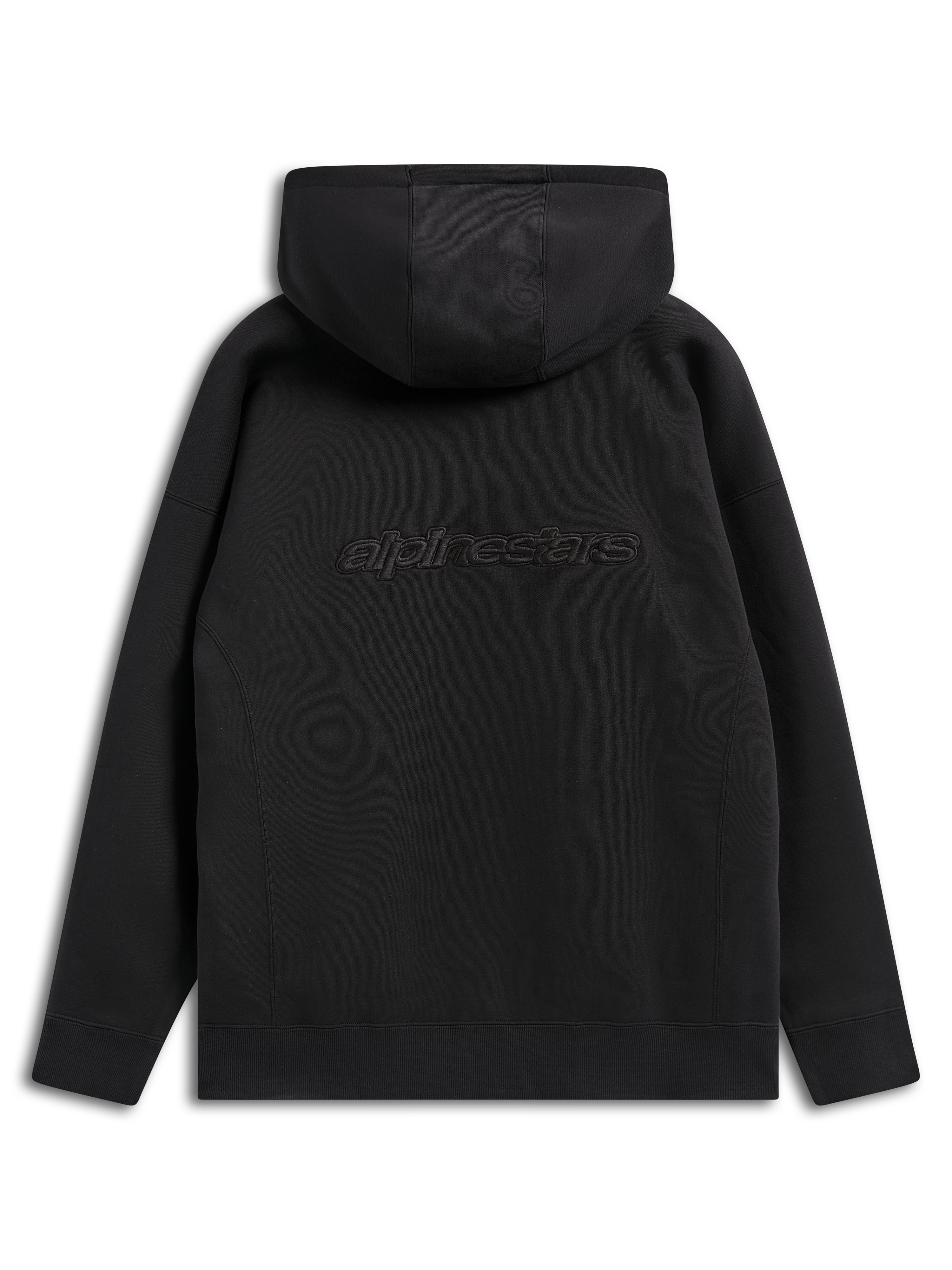 Sweat à capuche Alpinestars Emergent Oversized, vêtement streetwear décontracté noir, vue arrière montrant le logo Alpinestars brodé, coupe ample avec capuche et ourlet côtelé