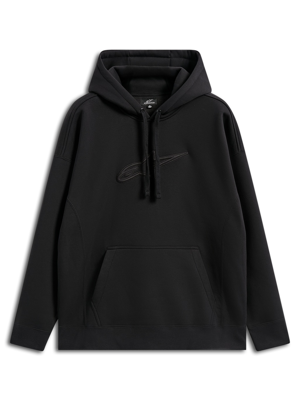 Sweat à capuche Alpinestars Emergent Oversized, streetwear décontracté, noir avec logo Astars brodé ton sur ton, coupe oversize, capuche à cordon de serrage, poche kangourou, design moderne inspiré du sport automobile