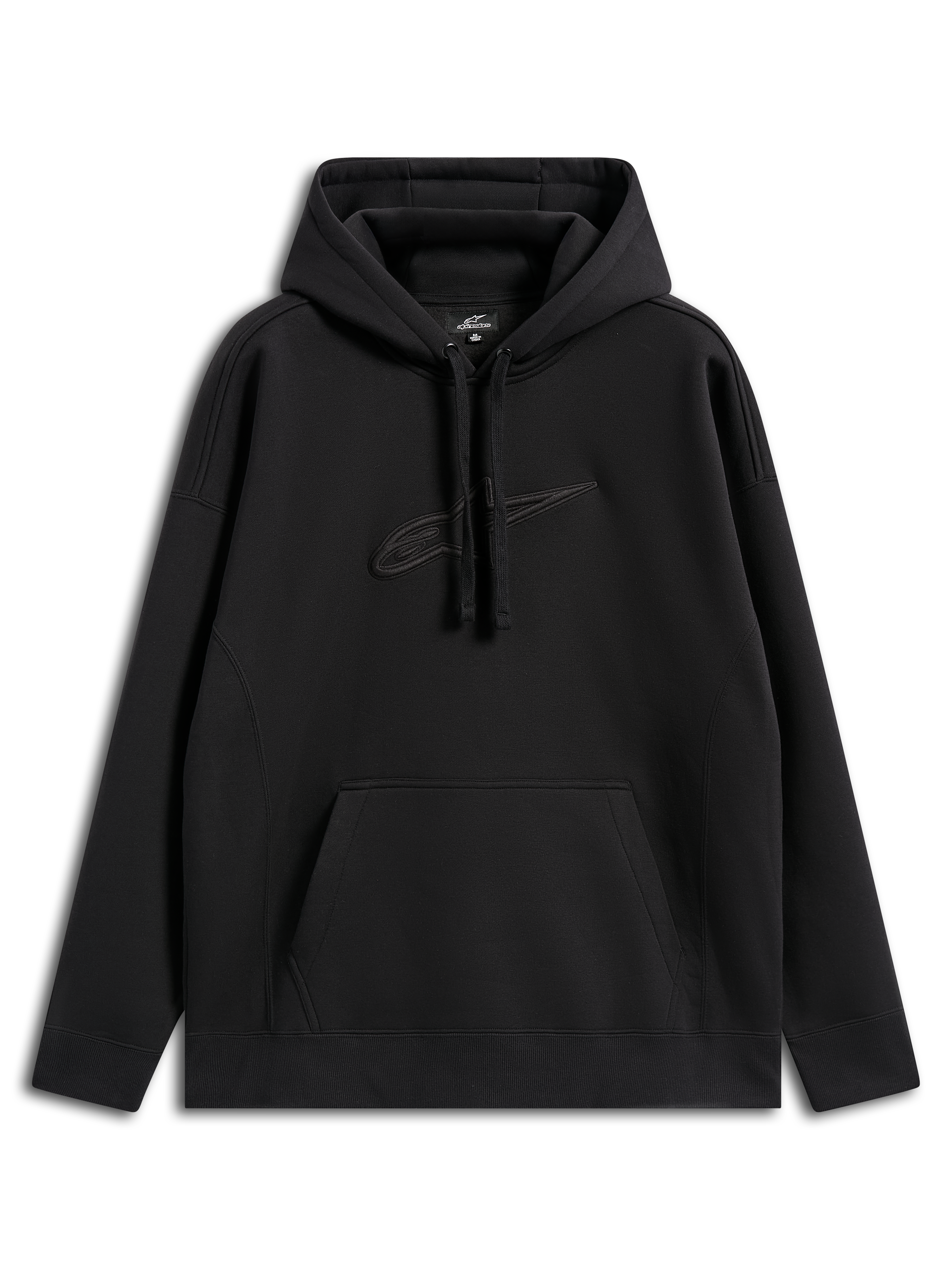 Sweat à capuche Alpinestars Emergent Oversized, streetwear décontracté, noir avec logo Astars brodé ton sur ton, coupe oversize, capuche à cordon de serrage, poche kangourou, design moderne inspiré du sport automobile