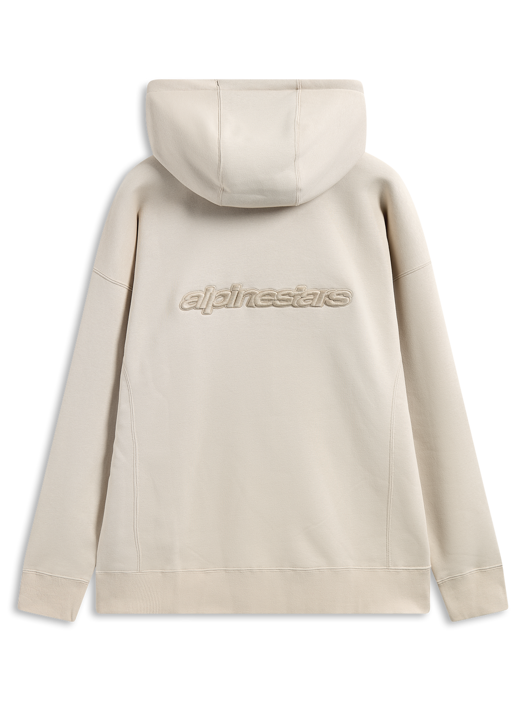 Sweat à capuche Alpinestars Emergent Oversized, vue de dos, sable, logo Alpinestars brodé en 3D au centre du dos, coupe oversize avec poignets et ourlet côtelés, streetwear décontracté