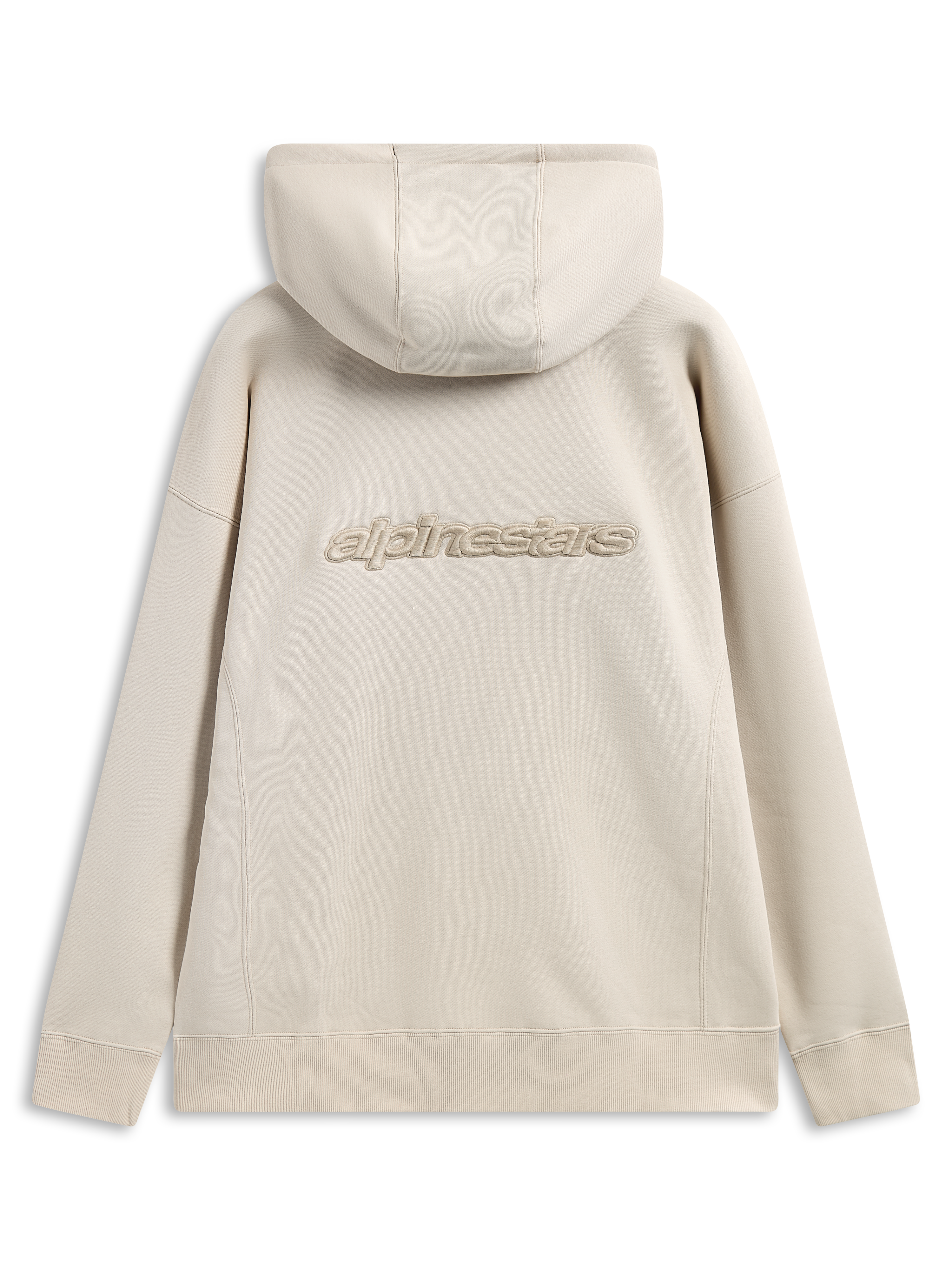 Sweat à capuche Alpinestars Emergent Oversized, vue de dos, sable, logo Alpinestars brodé en 3D au centre du dos, coupe oversize avec poignets et ourlet côtelés, streetwear décontracté