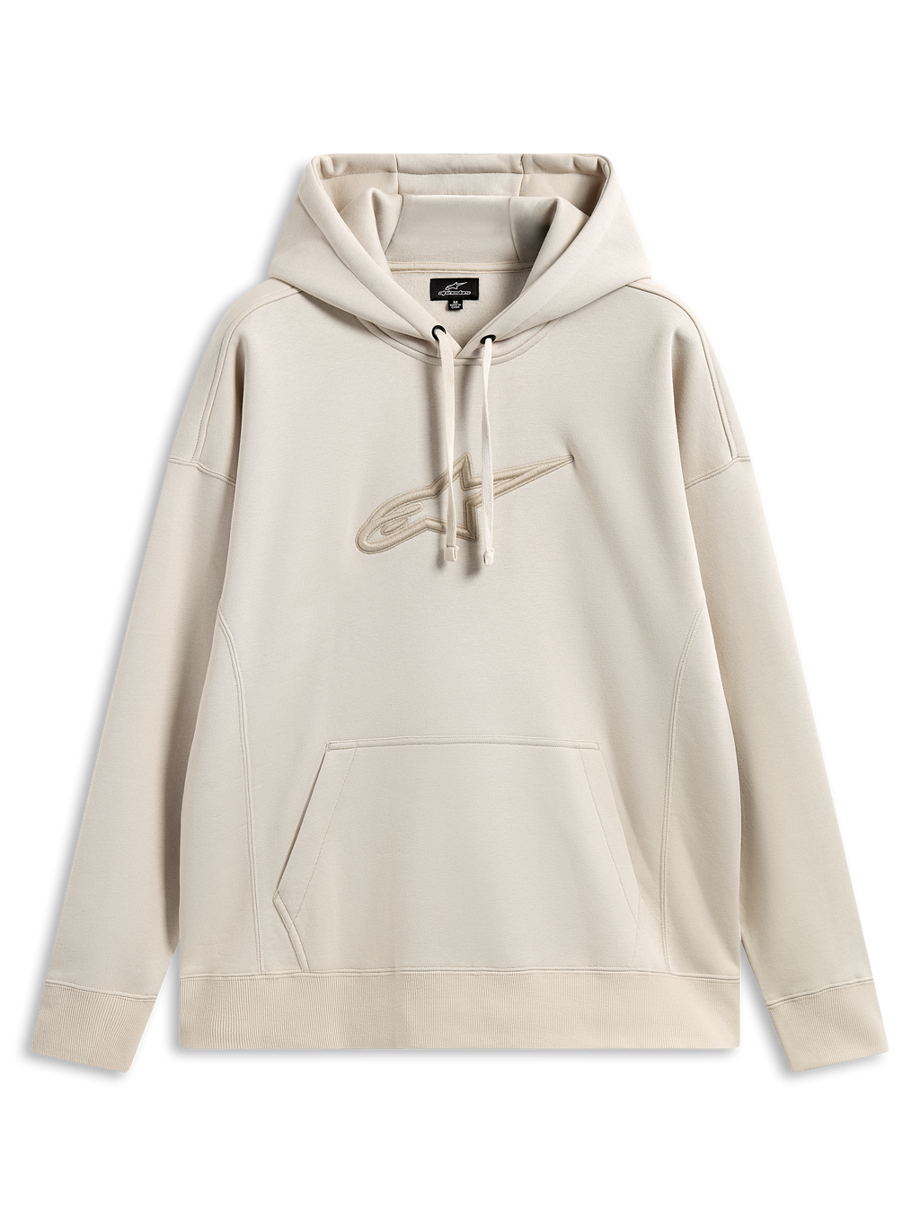 Sweat à capuche Alpinestars Emergent Oversized, streetwear motorsport décontracté, couleur sable avec logo Astars brodé en 3D ton sur ton, capuche à cordon de serrage, poche kangourou, coupe oversized décontractée