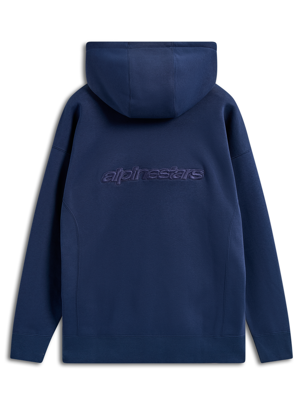Sweat à capuche Oversized Emergent Alpinestars, bleu marine, vue de dos avec logo Alpinestars brodé, sweat en polaire à coupe ample, vêtement streetwear décontracté avec capuche à cordon et poignets côtelés
