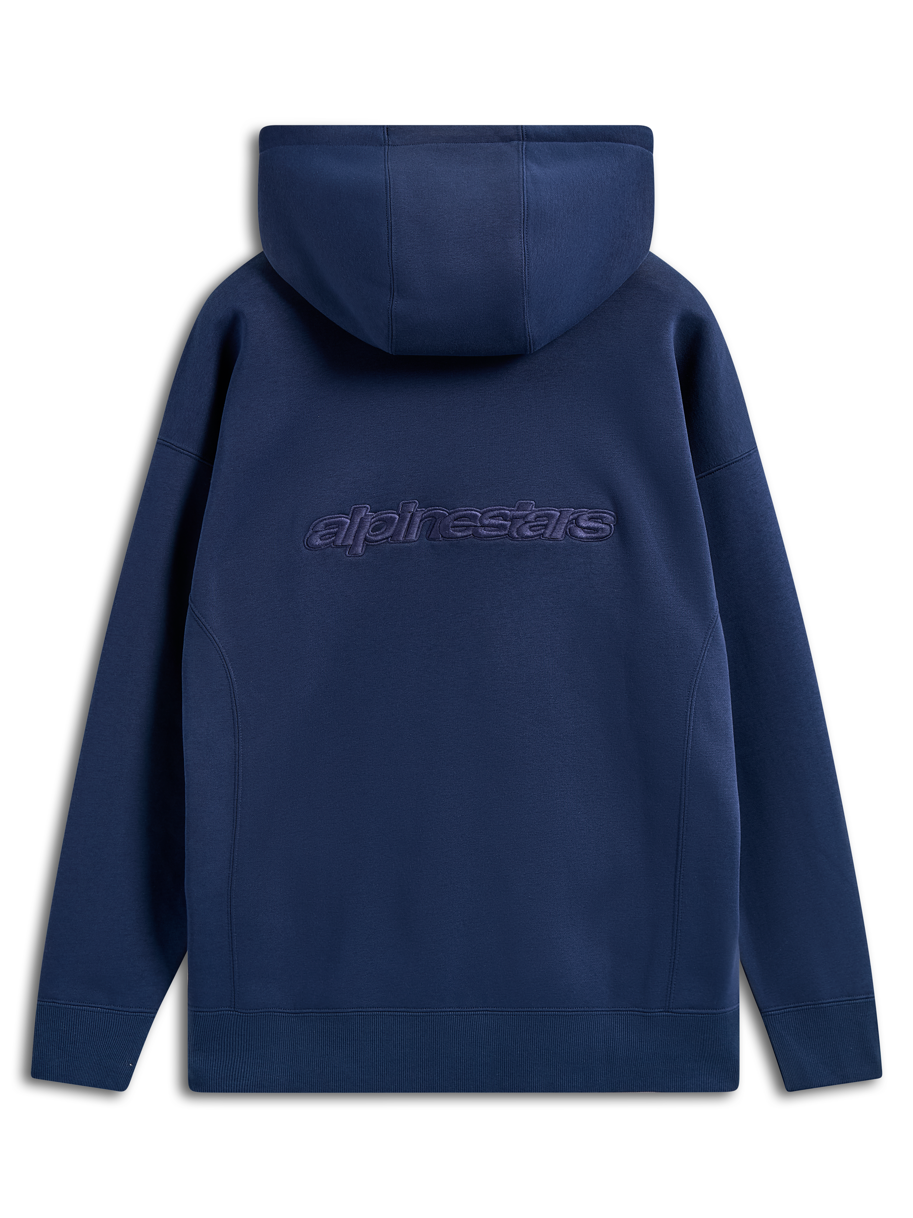 Sweat à capuche Oversized Emergent Alpinestars, bleu marine, vue de dos avec logo Alpinestars brodé, sweat en polaire à coupe ample, vêtement streetwear décontracté avec capuche à cordon et poignets côtelés