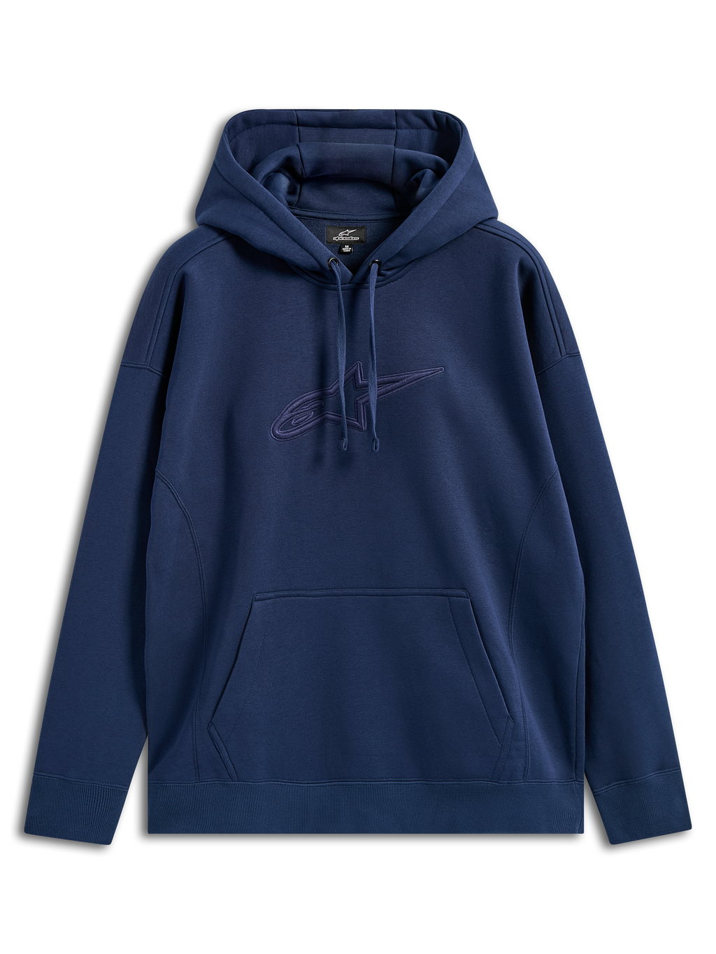 Sweat à capuche Alpinestars Emergent Oversized, bleu marine, sweat en polaire avec logo Astars brodé en 3D ton sur ton sur la poitrine, poche kangourou, capuche à cordon de serrage, coupe ample décontractée streetwear
