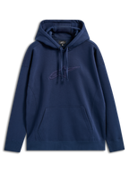 Sweat à capuche Alpinestars Emergent Oversized, bleu marine, sweat en polaire avec logo Astars brodé en 3D ton sur ton sur la poitrine, poche kangourou, capuche à cordon de serrage, coupe ample décontractée streetwear