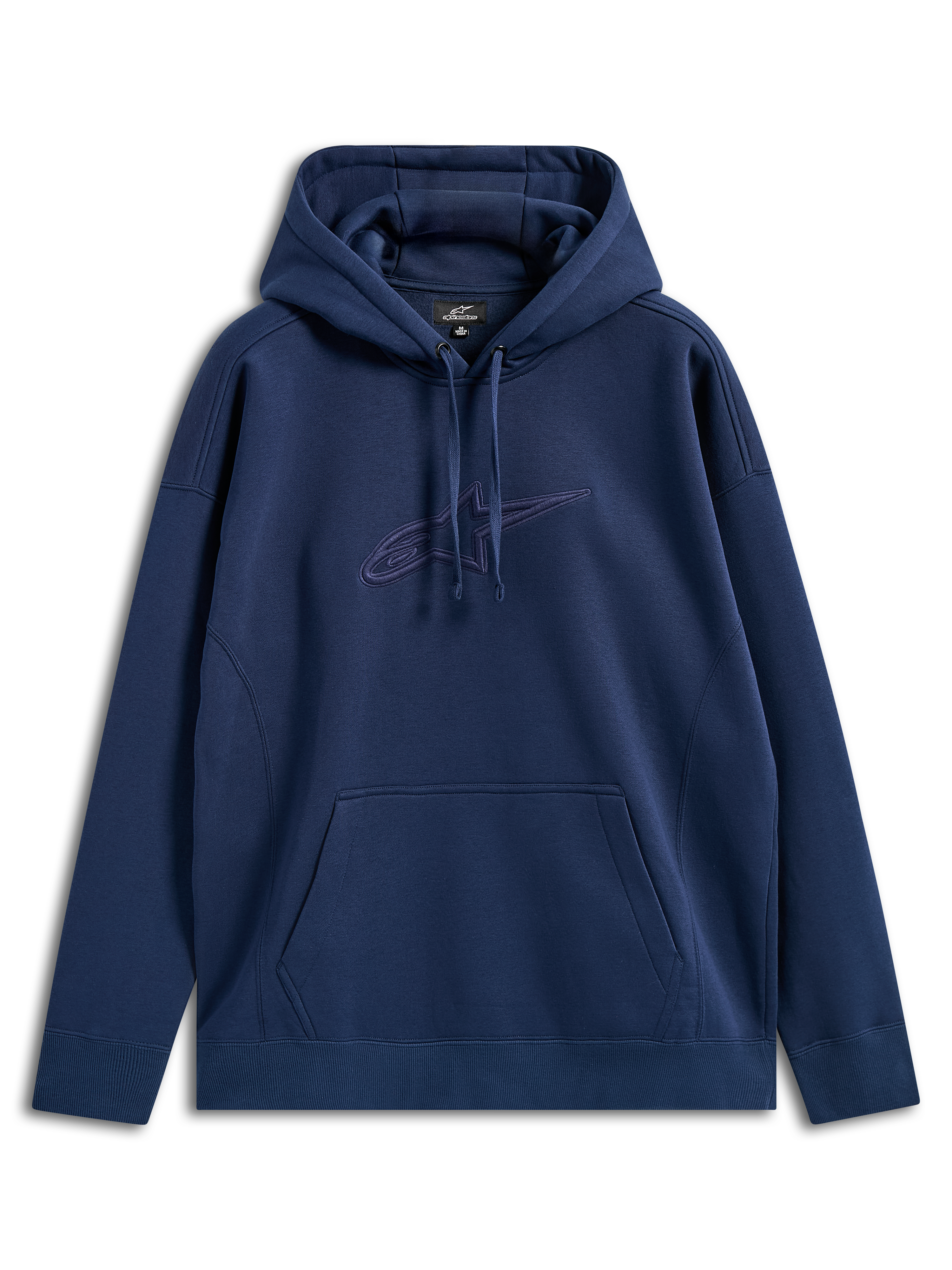 Sweat à capuche Alpinestars Emergent Oversized, bleu marine, sweat en polaire avec logo Astars brodé en 3D ton sur ton sur la poitrine, poche kangourou, capuche à cordon de serrage, coupe ample décontractée streetwear