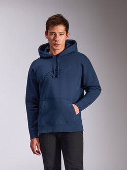 Sweat à capuche Alpinestars Emergent Oversized, pull en polaire bleu marine, logo Astars brodé en 3D ton sur ton sur la poitrine, coupe ample oversize avec poche kangourou et capuche à cordon de serrage, streetwear décontracté inspiré des sports mécaniques