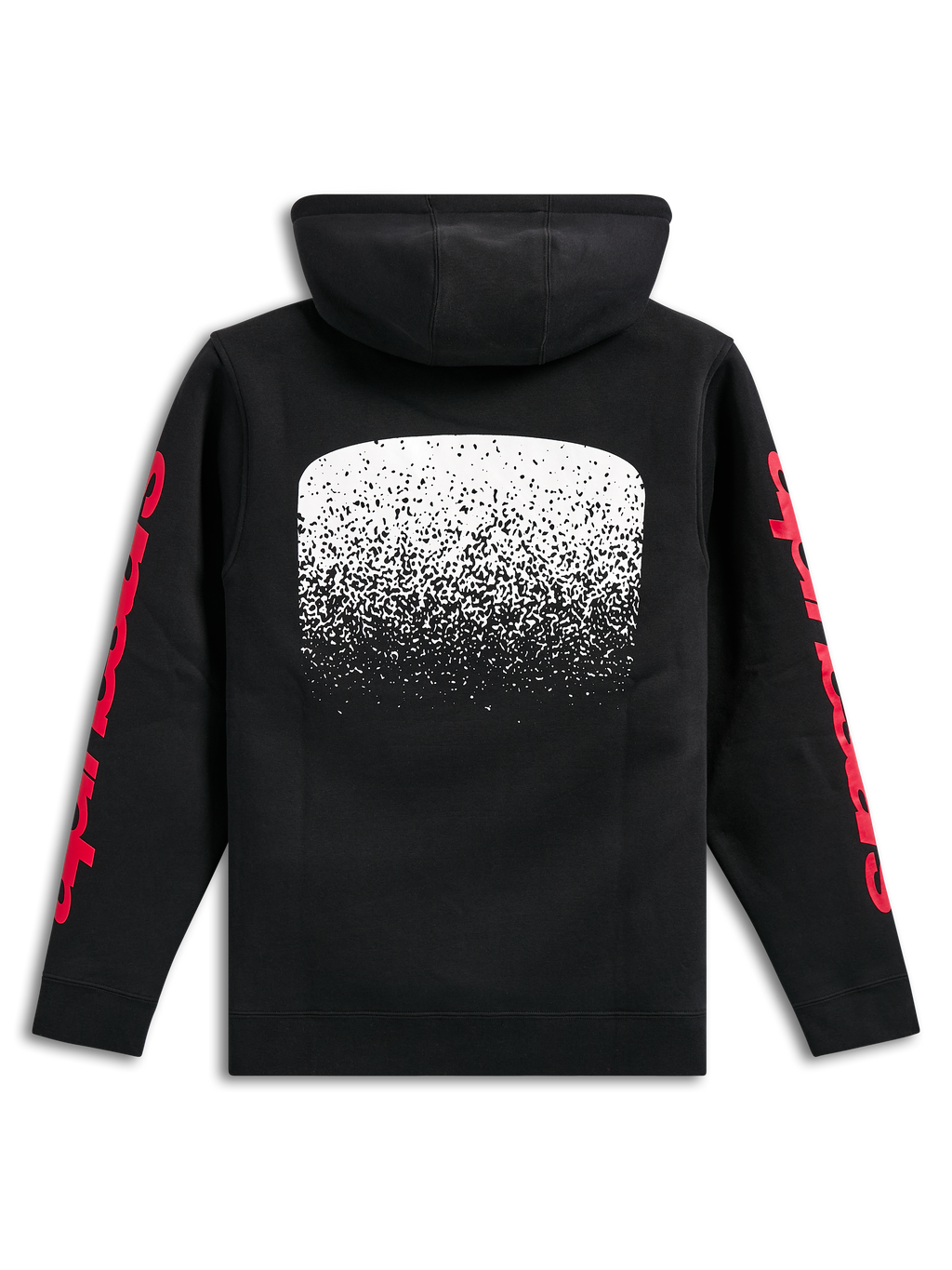 Alpinestars Obsessed Hoodie, sweat à capuche en polaire noir, vue de dos, grand motif graphique blanc avec dégradé MX au dos, logos Alpinestars rouges sur les manches, streetwear décontracté inspiré des sports mécaniques