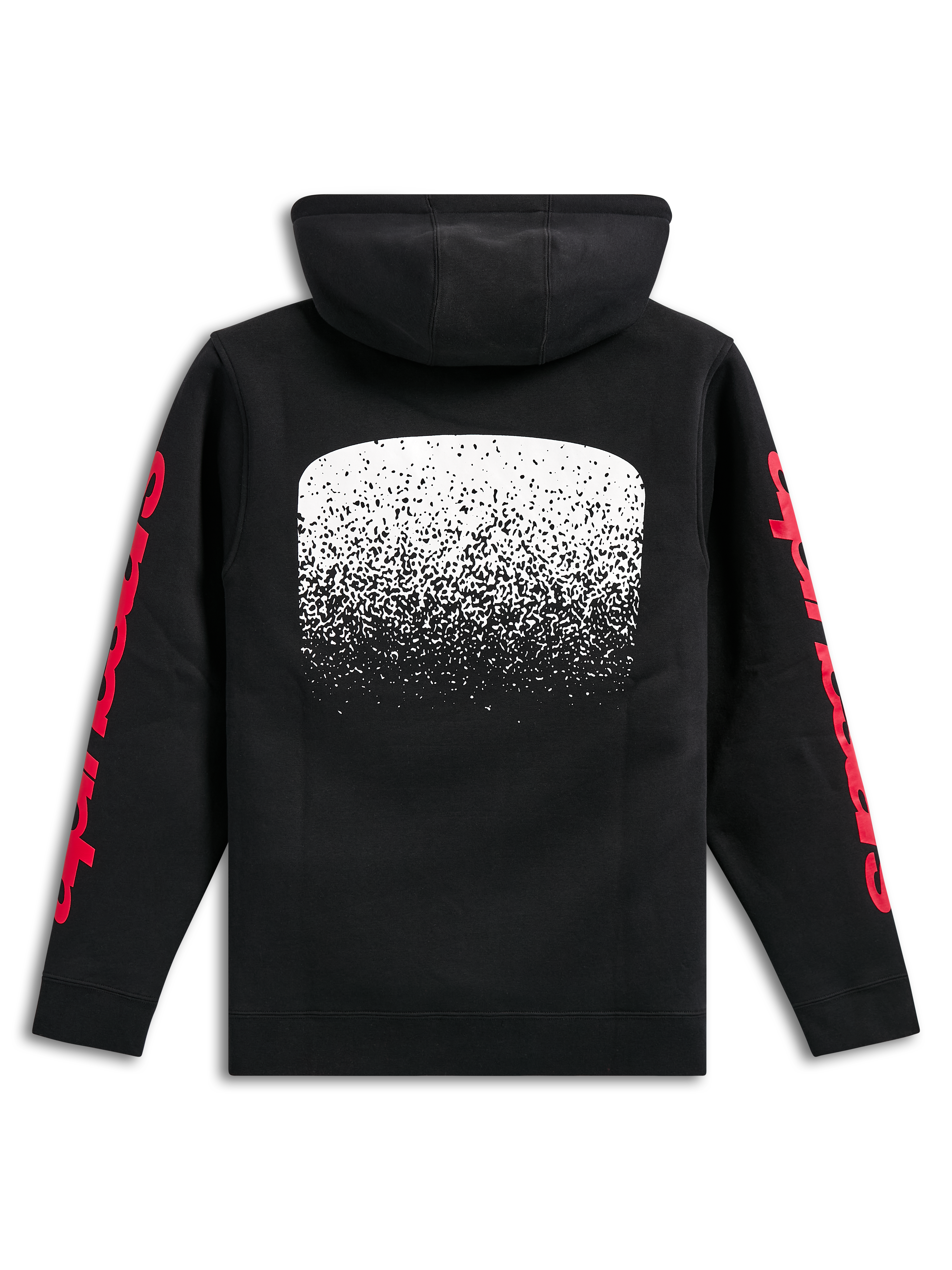 Alpinestars Obsessed Hoodie, sweat à capuche en polaire noir, vue de dos, grand motif graphique blanc avec dégradé MX au dos, logos Alpinestars rouges sur les manches, streetwear décontracté inspiré des sports mécaniques