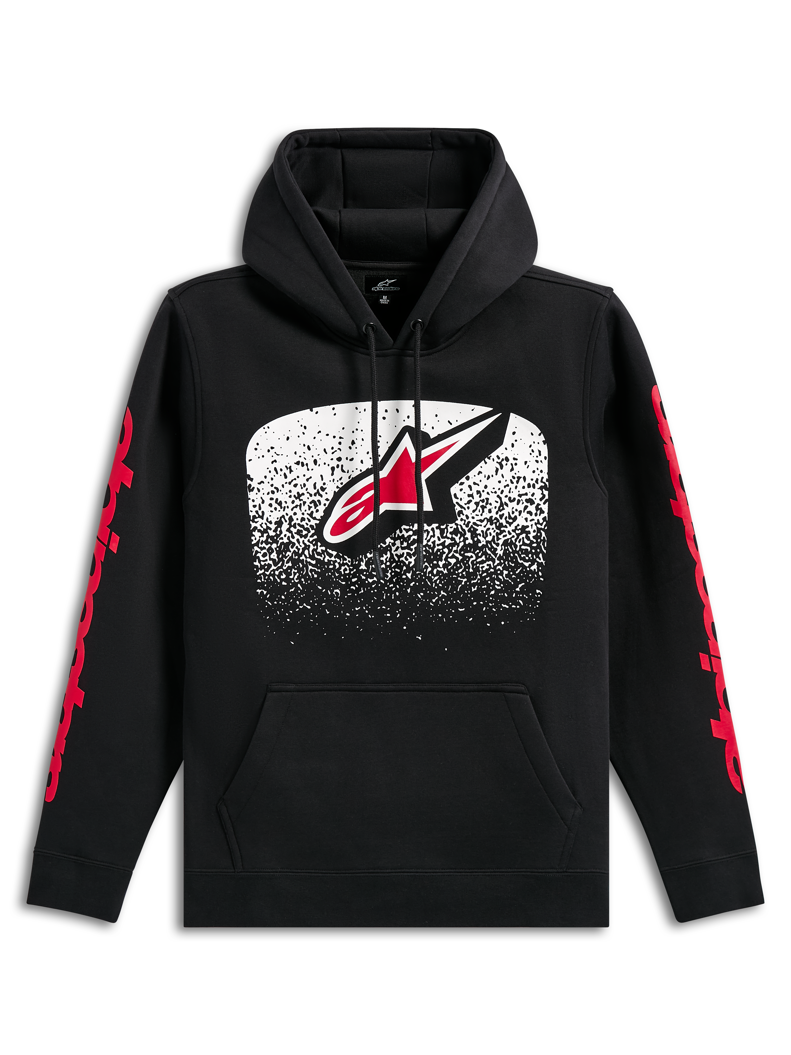 Sweat à capuche Alpinestars Obsessed, sweat à capuche noir, grand logo Astars à l'avant avec dégradé MX blanc et rouge, logos Alpinestars rouges sur les manches, capuche à cordon de serrage et poche kangourou, streetwear décontracté inspiré des sports mécaniques