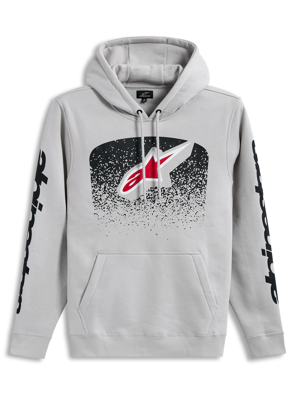 Alpinestars Obsessed Hoodie, sweat à capuche sportswear gris ciment, logo Astars dégradé MX et graphismes noirs sur les manches.