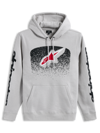 Alpinestars Obsessed Hoodie, sweat à capuche sportswear gris ciment, logo Astars dégradé MX et graphismes noirs sur les manches.