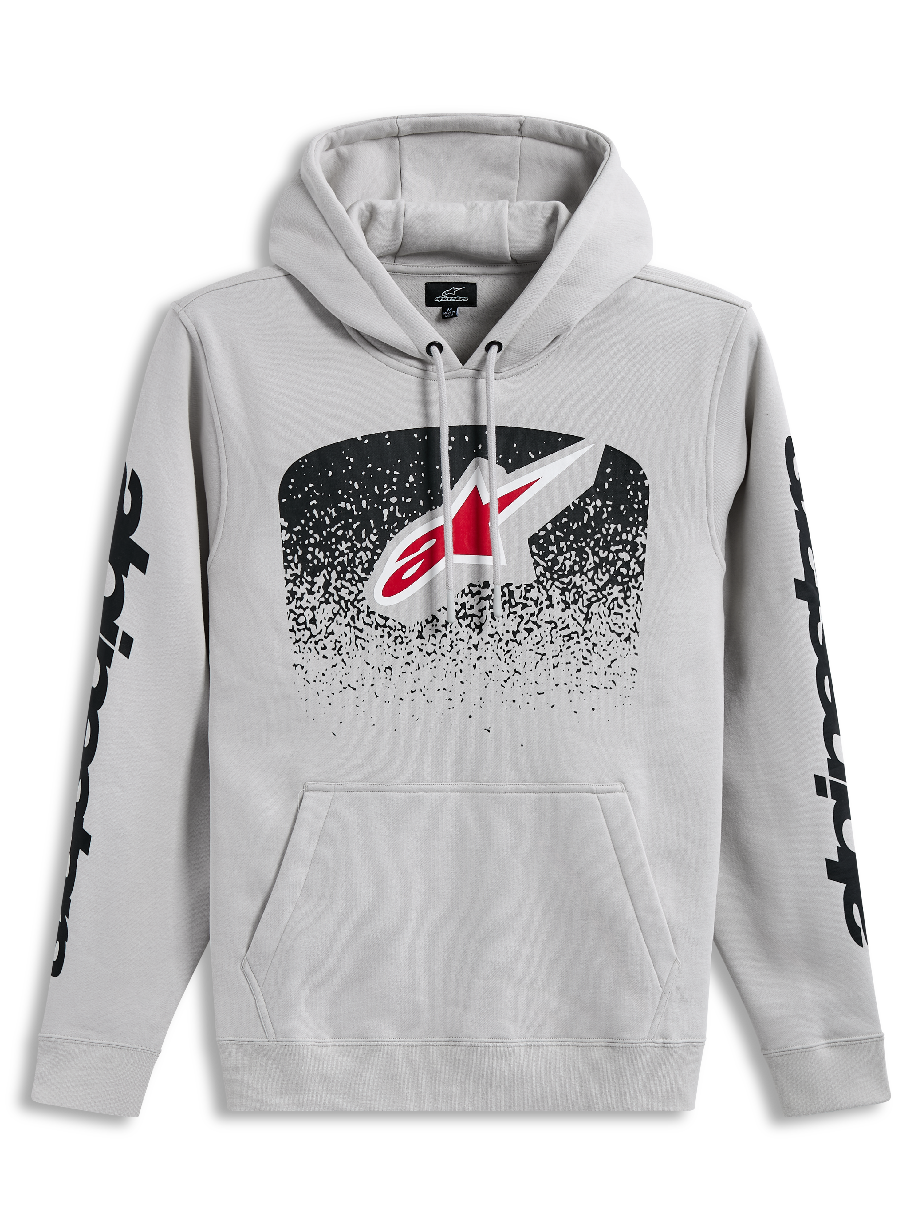 Alpinestars Obsessed Hoodie, sweat à capuche sportswear gris ciment, logo Astars dégradé MX et graphismes noirs sur les manches.
