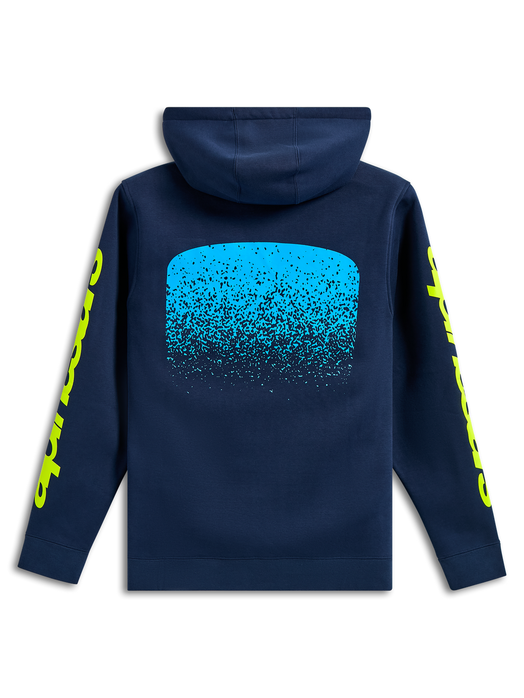 Alpinestars Obsessed Hoodie, vue de dos, bleu marine, graphique dégradé MX bleu clair au dos, logos Alpinestars jaunes sur les manches, streetwear de sport automobile décontracté