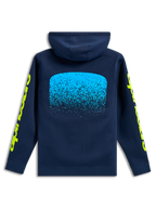 Alpinestars Obsessed Hoodie, vue de dos, bleu marine, graphique dégradé MX bleu clair au dos, logos Alpinestars jaunes sur les manches, streetwear de sport automobile décontracté