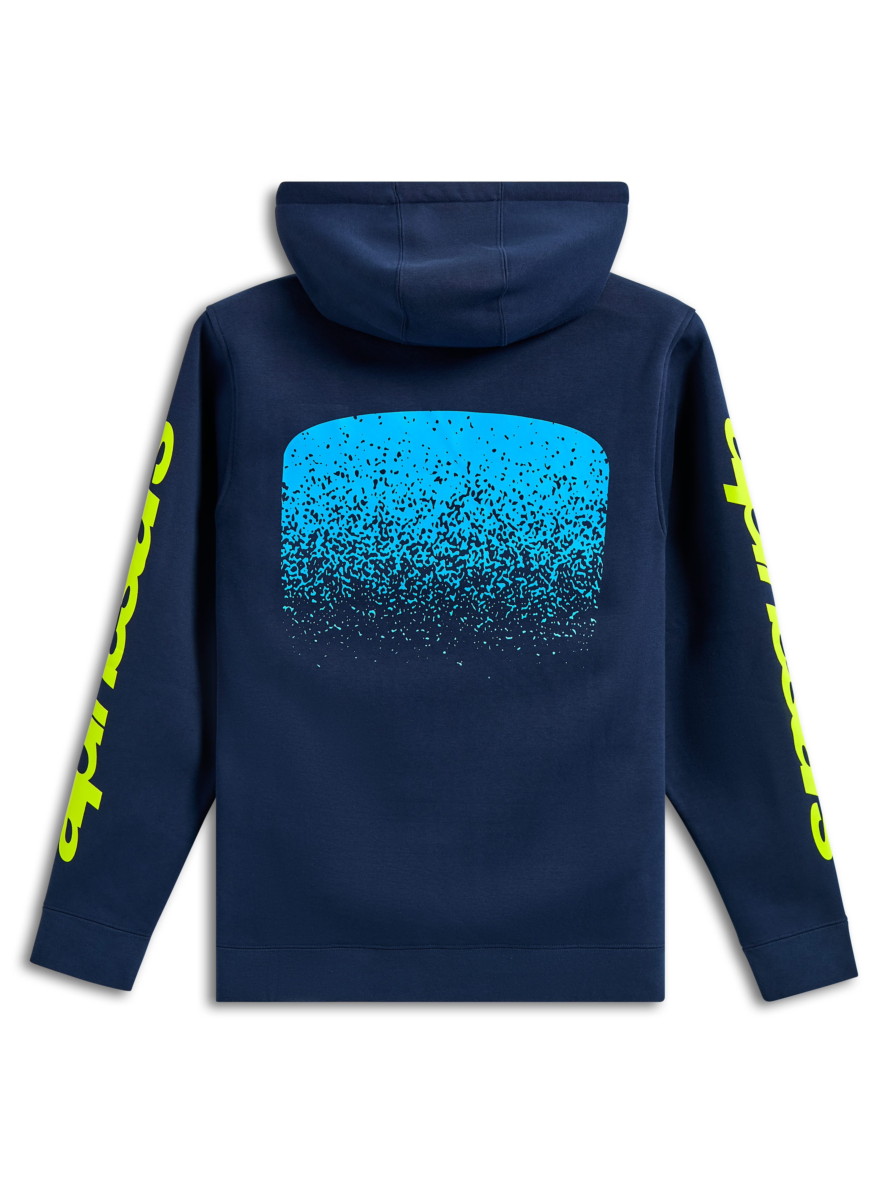 Alpinestars Obsessed Hoodie, vue de dos, bleu marine, graphique dégradé MX bleu clair au dos, logos Alpinestars jaunes sur les manches, streetwear de sport automobile décontracté