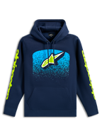 Alpinestars Obsessed Hoodie, sweat à capuche décontracté bleu marine, logo Astars à l'avant avec graphique dégradé MX cyan, logos Alpinestars vert citron sur les manches, capuche à cordon de serrage et poche kangourou, design inspiré du motorsport