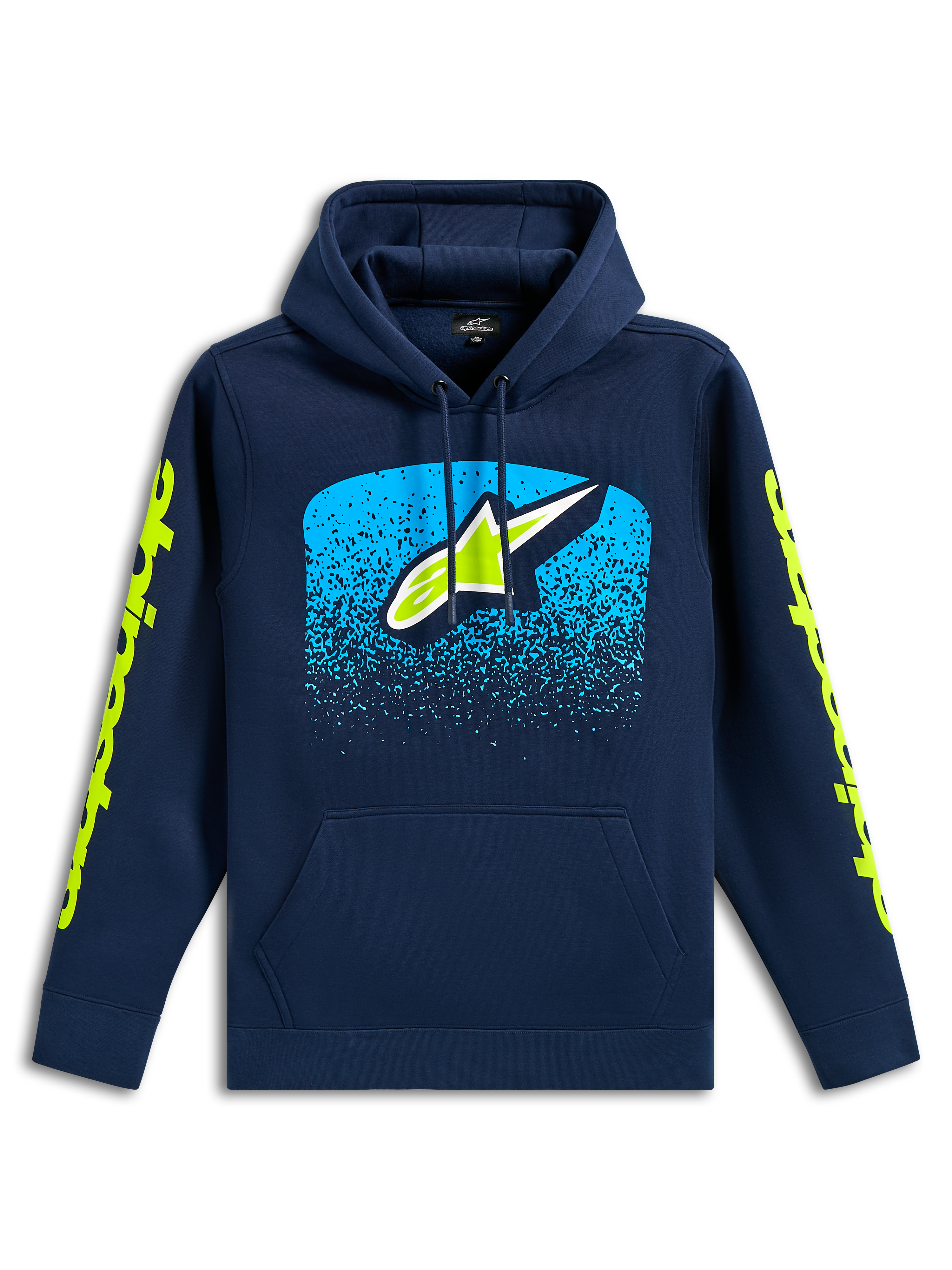 Alpinestars Obsessed Hoodie, sweat à capuche décontracté bleu marine, logo Astars à l'avant avec graphique dégradé MX cyan, logos Alpinestars vert citron sur les manches, capuche à cordon de serrage et poche kangourou, design inspiré du motorsport