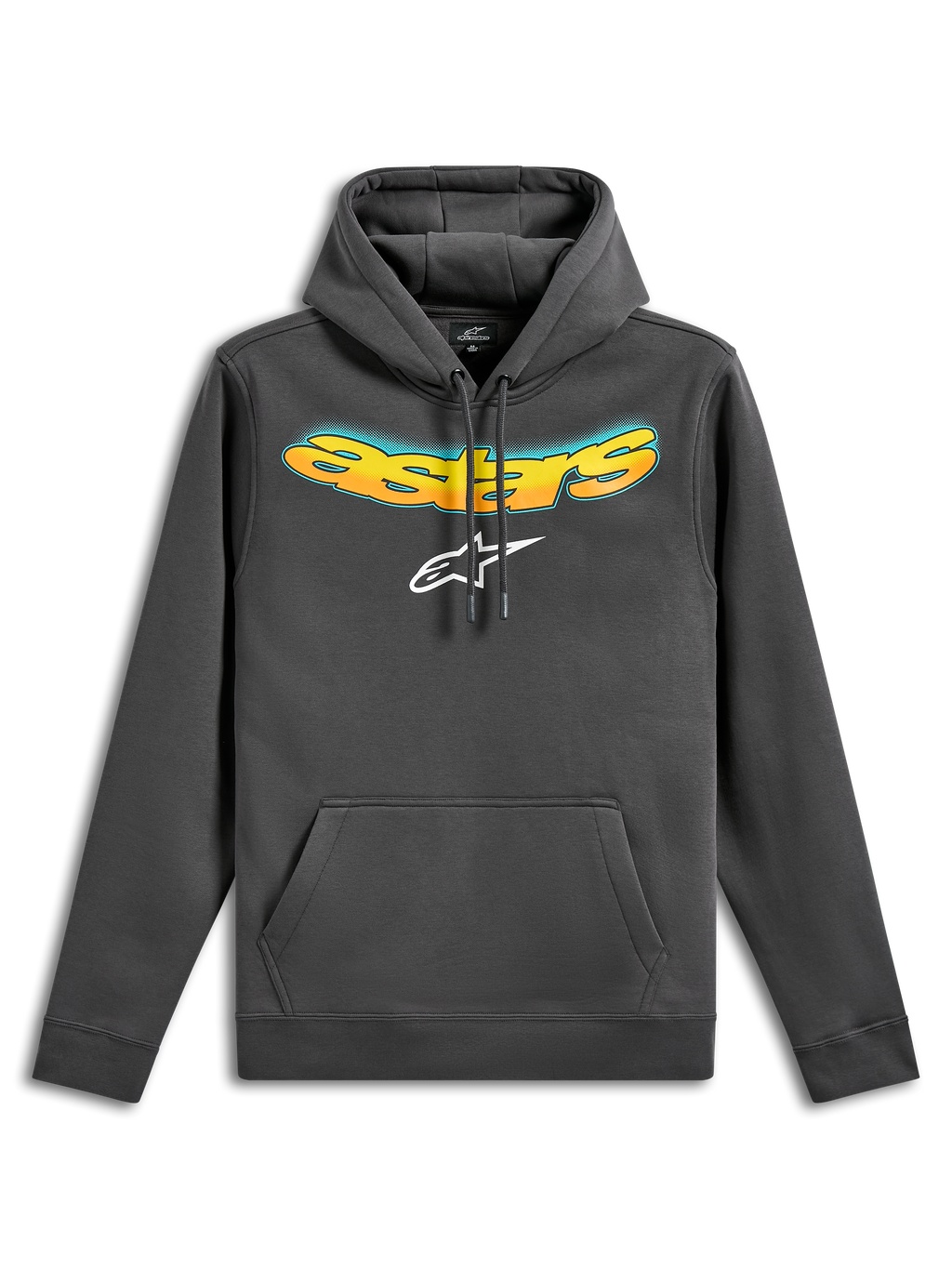 Sweat à capuche Ellipsoid Alpinestars, hoodie en polaire, gris Gunmetal, avec lettrage Astars incurvé en dégradé jaune et orange et logo Astars blanc, poche kangourou à l'avant, vêtement streetwear décontracté inspiré des sports mécaniques