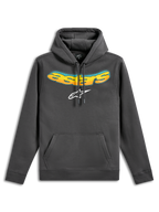 Sweat à capuche Ellipsoid Alpinestars, hoodie en polaire, gris Gunmetal, avec lettrage Astars incurvé en dégradé jaune et orange et logo Astars blanc, poche kangourou à l'avant, vêtement streetwear décontracté inspiré des sports mécaniques