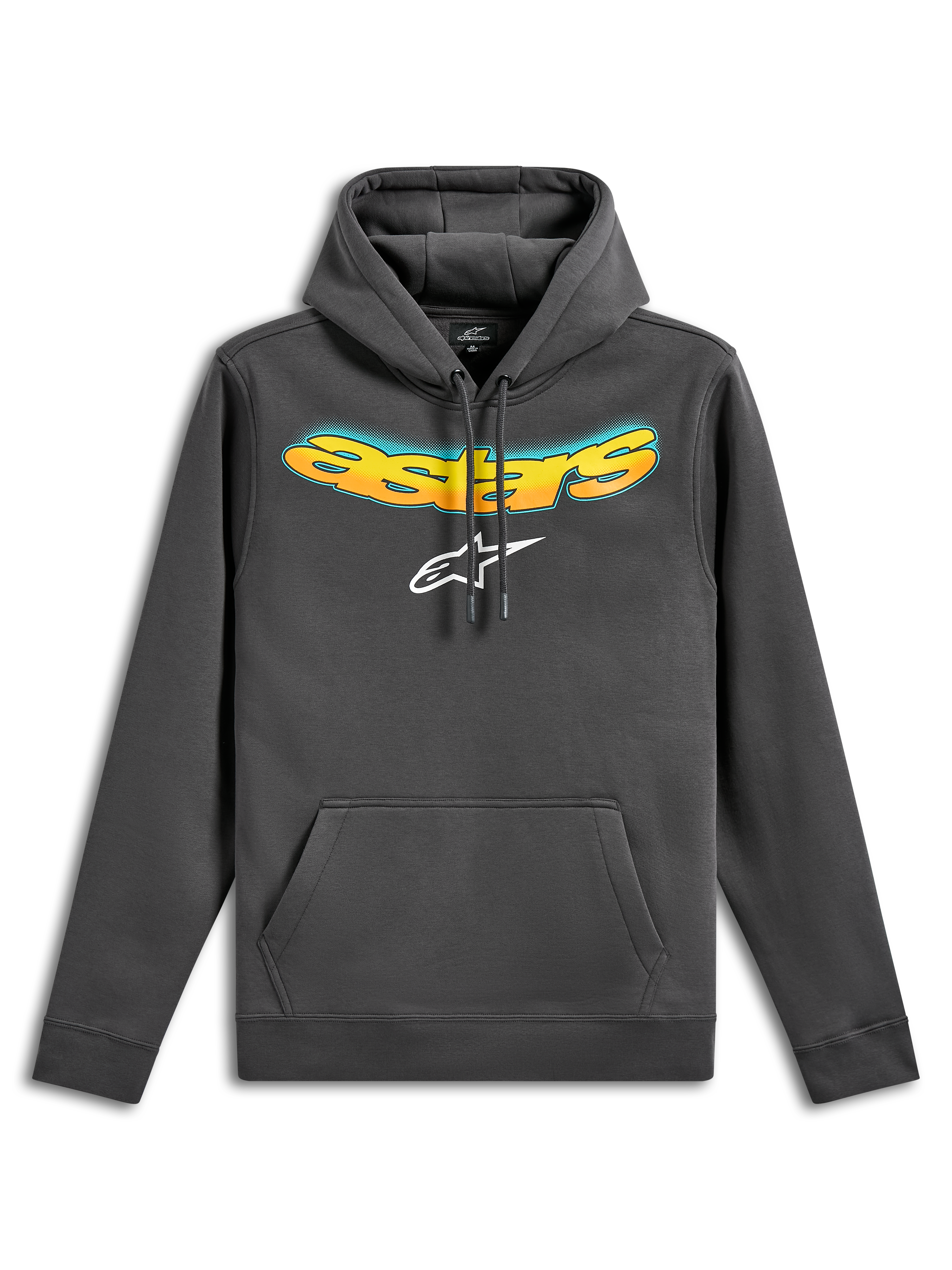 Sweat à capuche Ellipsoid Alpinestars, hoodie en polaire, gris Gunmetal, avec lettrage Astars incurvé en dégradé jaune et orange et logo Astars blanc, poche kangourou à l'avant, vêtement streetwear décontracté inspiré des sports mécaniques