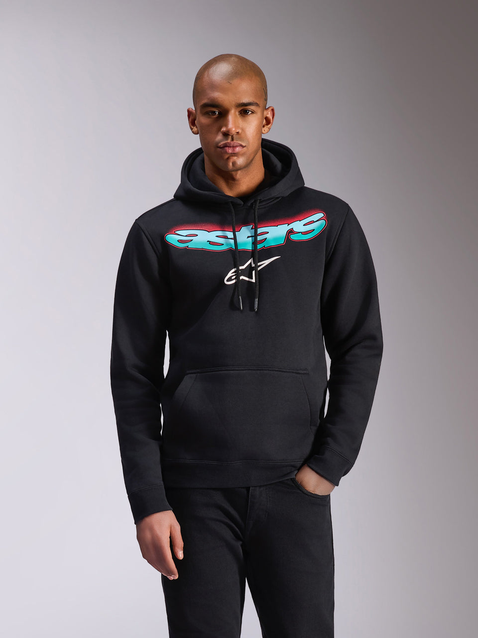 Alpinestars Sweat à capuche Ellipsoid, sweat en polaire noir, lettrage Astars avec dégradé de bleu sarcelle et rose et logo étoile blanc sur la poitrine, capuche à cordon de serrage, poche kangourou, sportswear décontracté