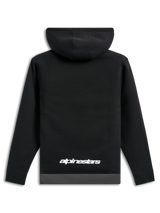 Sweat à capuche Alpinestars Parallel, vue de dos, noir avec un ourlet gris anthracite, logo Alpinestars blanc en bas du dos, vêtement streetwear décontracté inspiré du sport mécanique, manches longues avec poignets côtelés