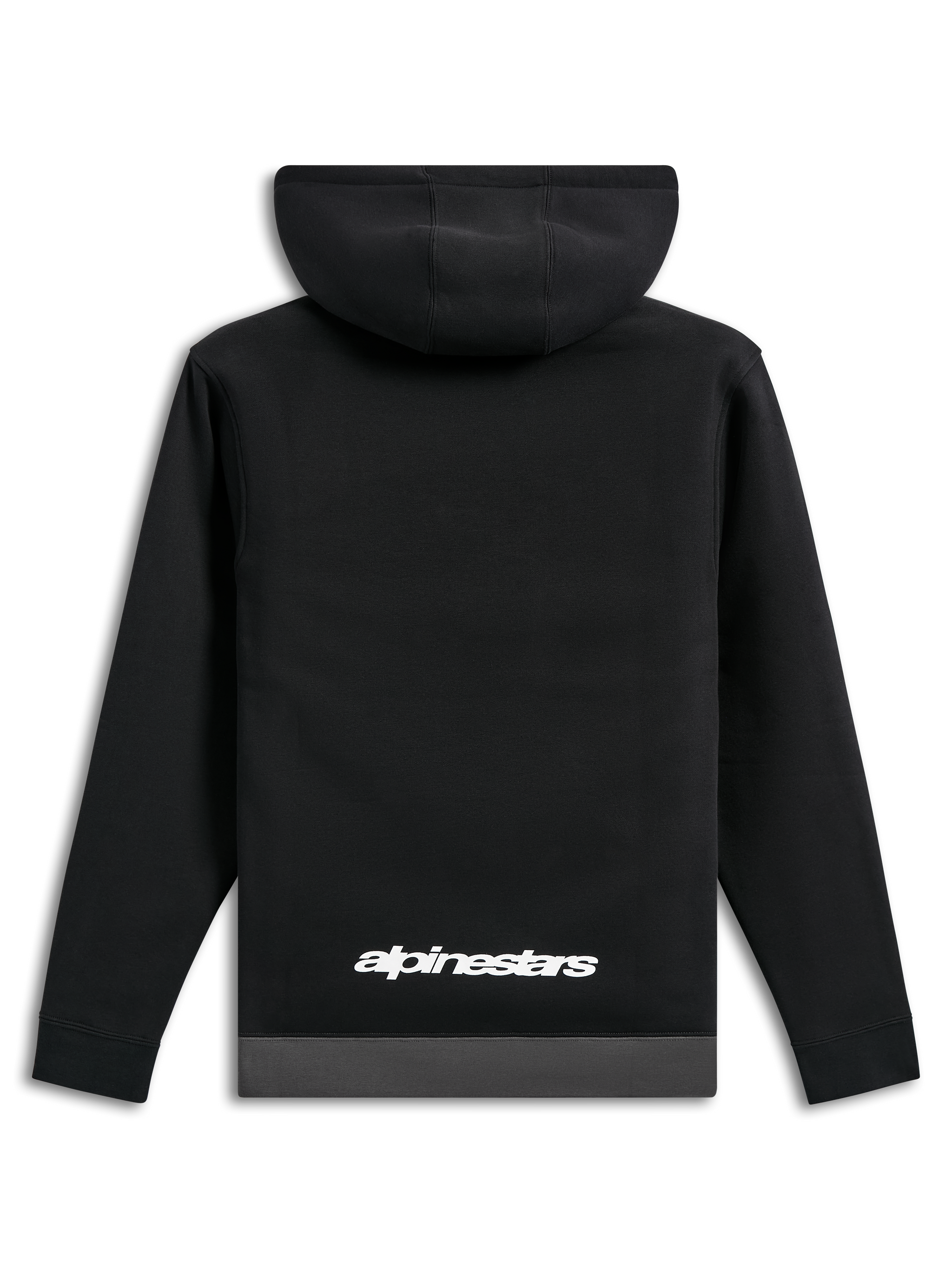 Sweat à capuche Alpinestars Parallel, vue de dos, noir avec un ourlet gris anthracite, logo Alpinestars blanc en bas du dos, vêtement streetwear décontracté inspiré du sport mécanique, manches longues avec poignets côtelés