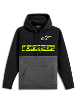 Alpinestars Parallel Hoodie, polaire décontractée à blocs de couleurs, haut et manches noirs avec bas gris anthracite, logo Astars blanc sur la poitrine, barre horizontale jaune-vert éclatante avec logo Alpinestars noir, capuche à cordon de serrage et poche kangourou à l'avant