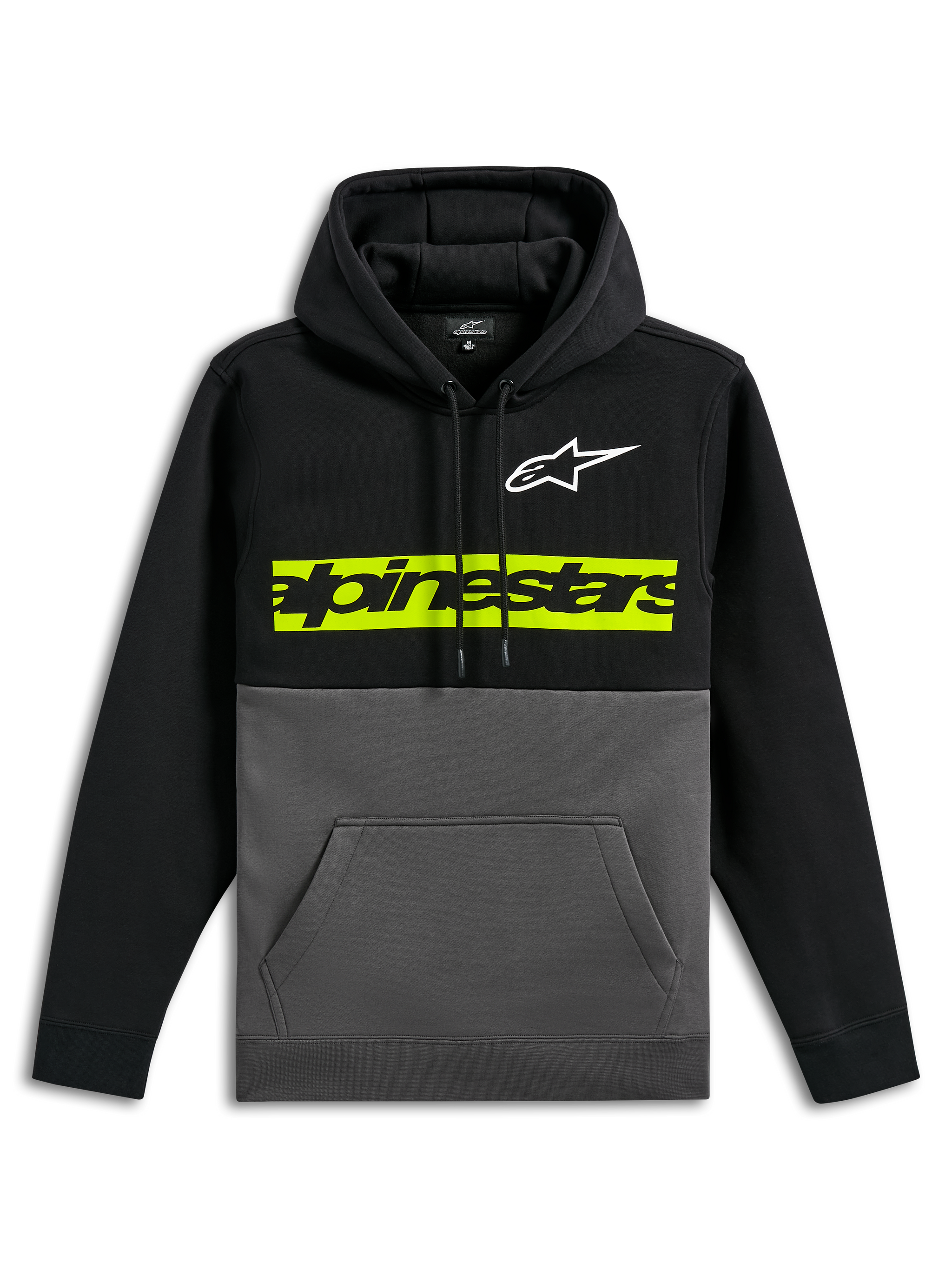 Alpinestars Parallel Hoodie, polaire décontractée à blocs de couleurs, haut et manches noirs avec bas gris anthracite, logo Astars blanc sur la poitrine, barre horizontale jaune-vert éclatante avec logo Alpinestars noir, capuche à cordon de serrage et poche kangourou à l'avant